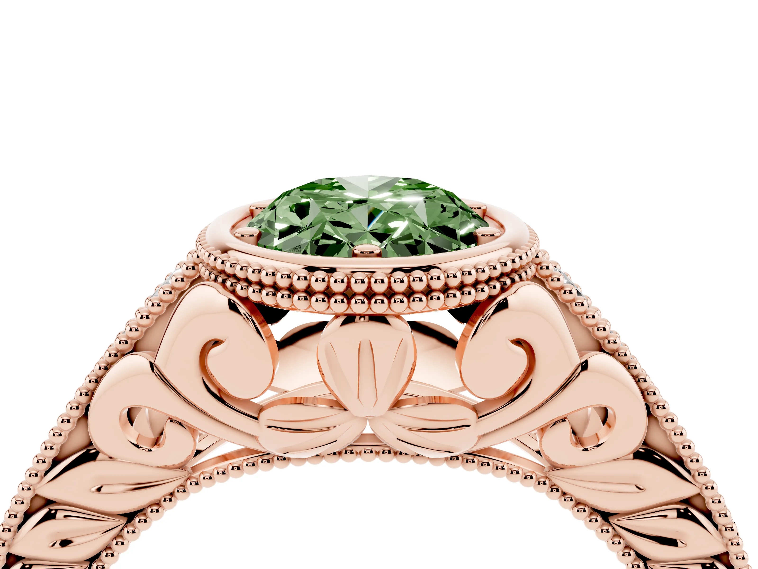 Fancy Green Bezel Set Oval Cut Diamond Milgrain Pavé Engagement Ring Set in Rose gold
