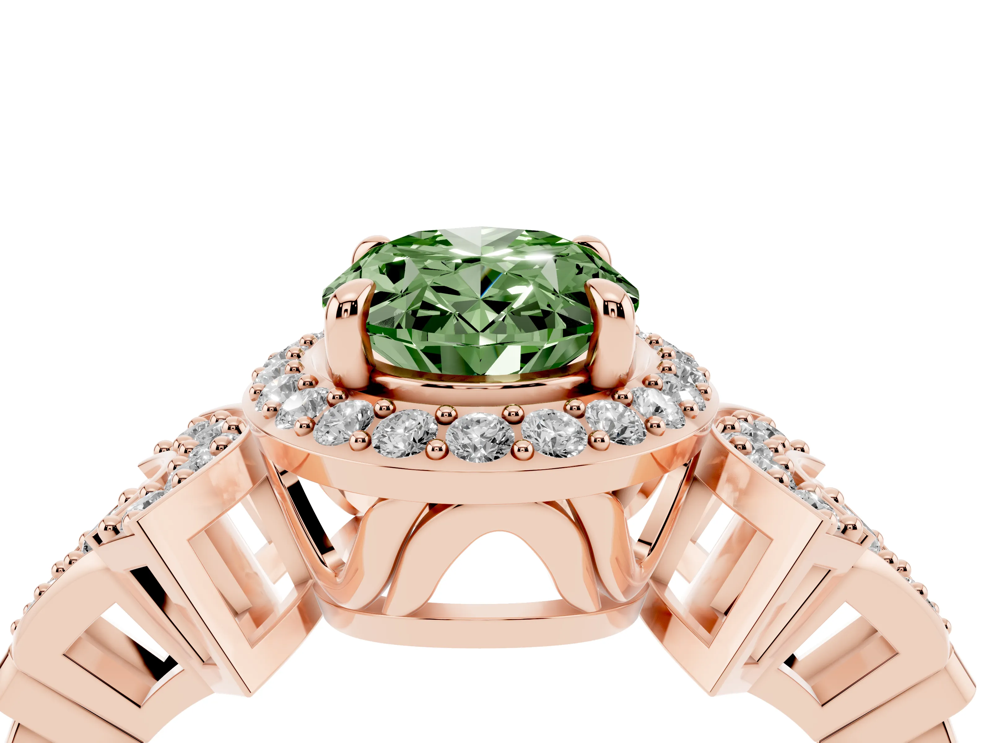 Fancy Green Oval Cut Diamond Halo Engagement Ring Set in Rose gold with Accent Stone Split Shank