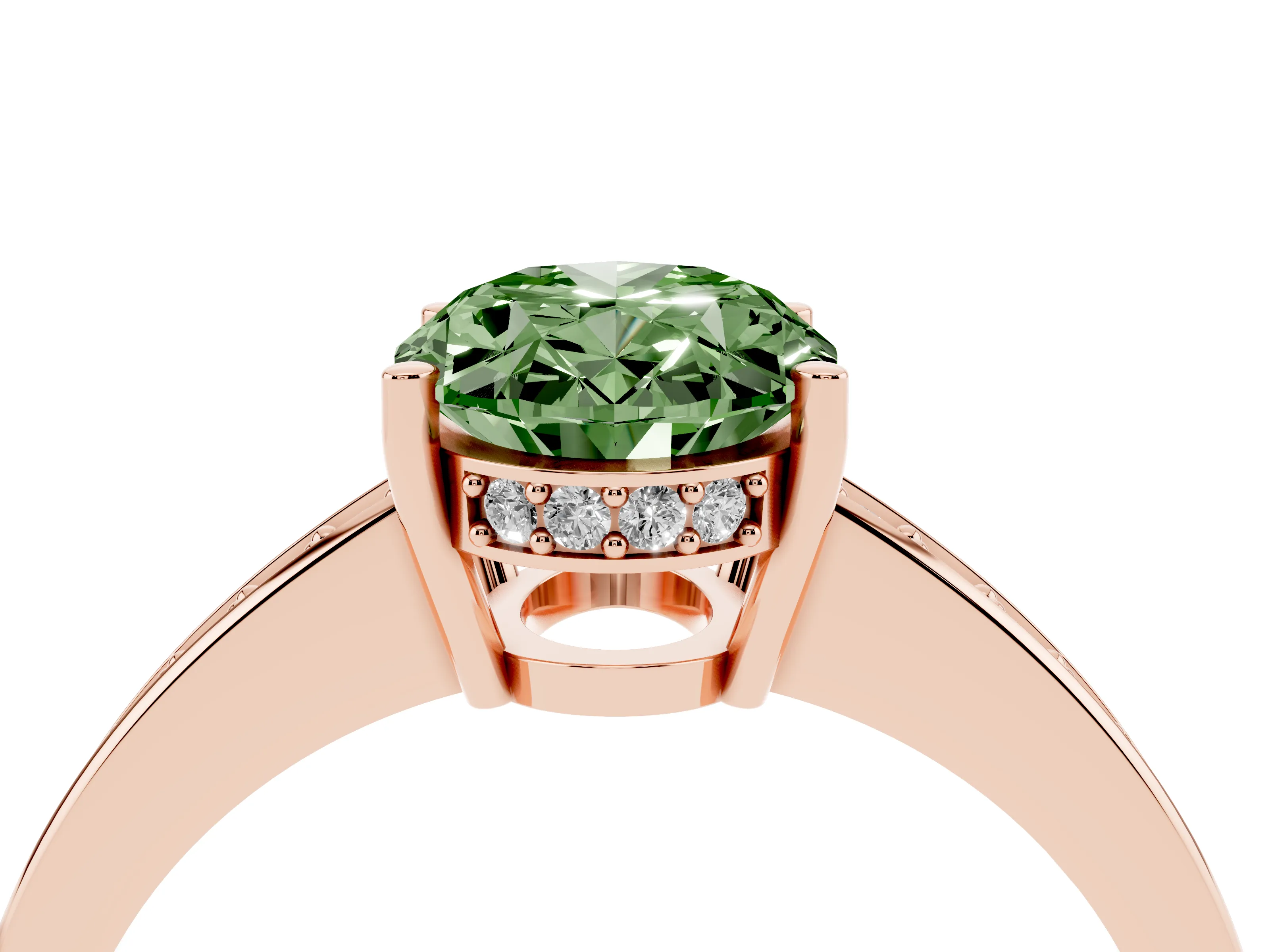 Fancy Green Oval Cut Diamond Pavé Band Prong Set Solitaire Ring Set in Rose gold