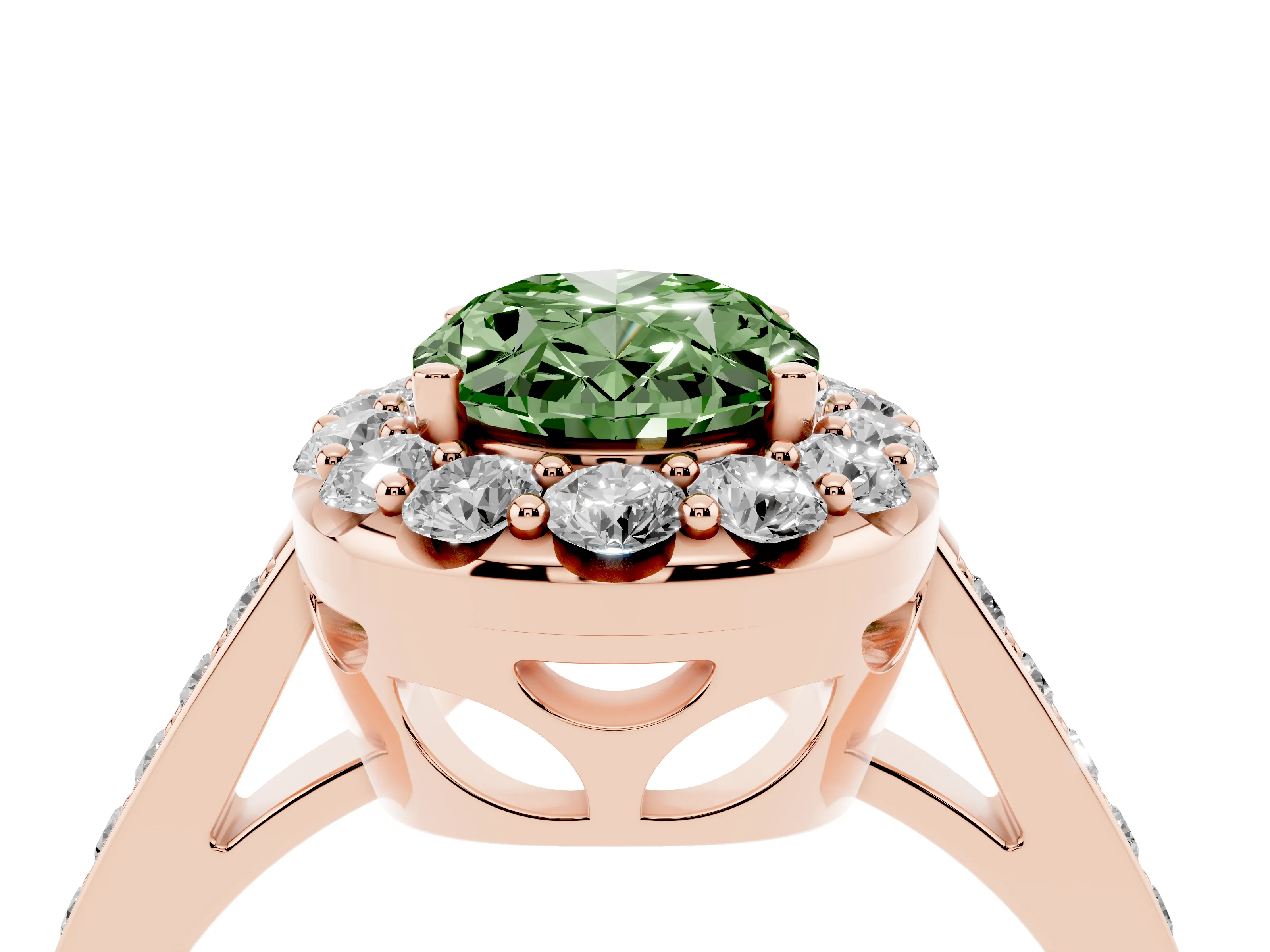 Fancy Green Oval Cut Diamond Floral Halo Ring Set in Rose gold with Pavé Band and Prong Setting