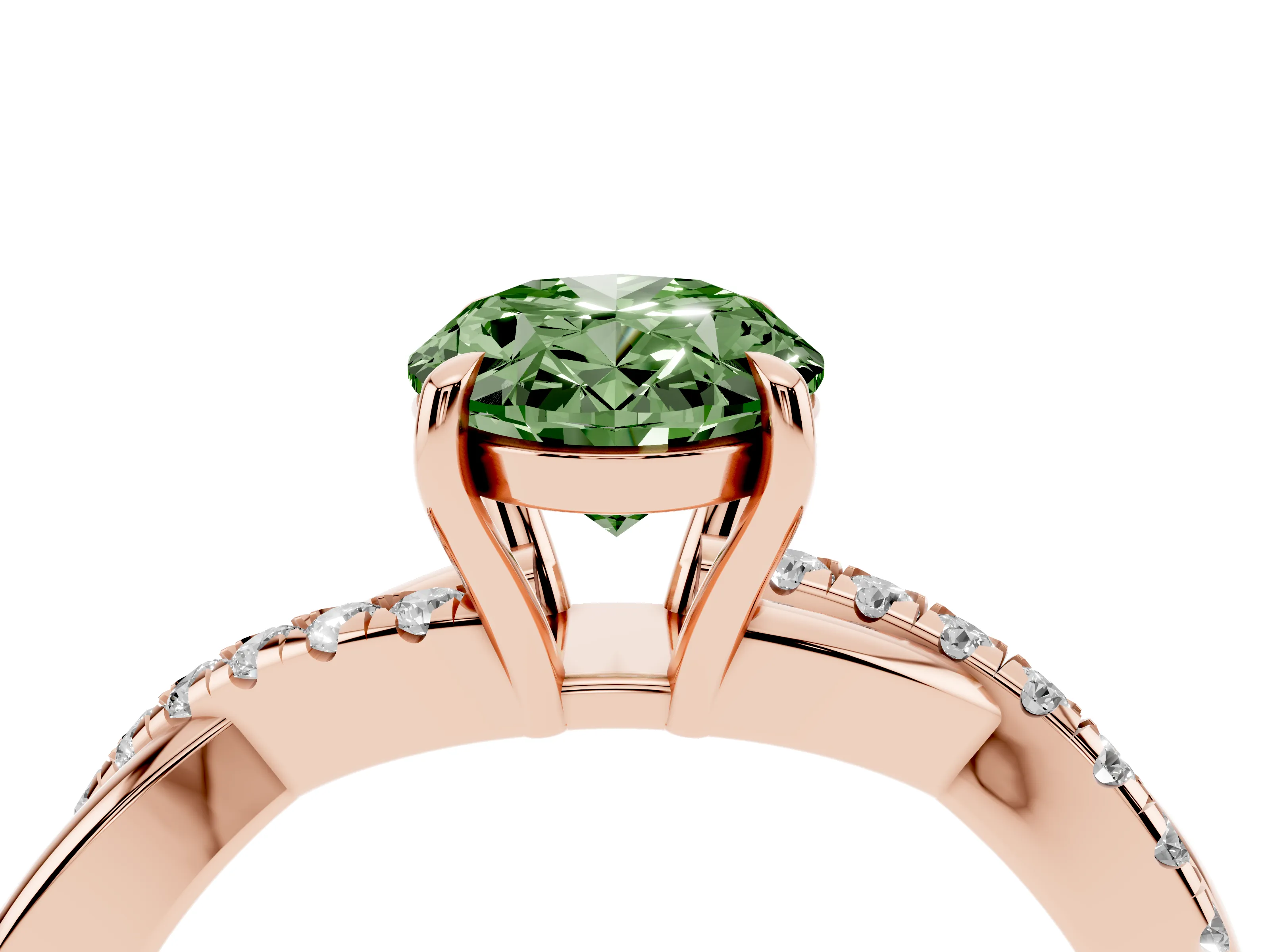 Fancy Green Oval Cut Diamond Twisted Pavé Band Ring Set in Rose gold with Prong Setting
