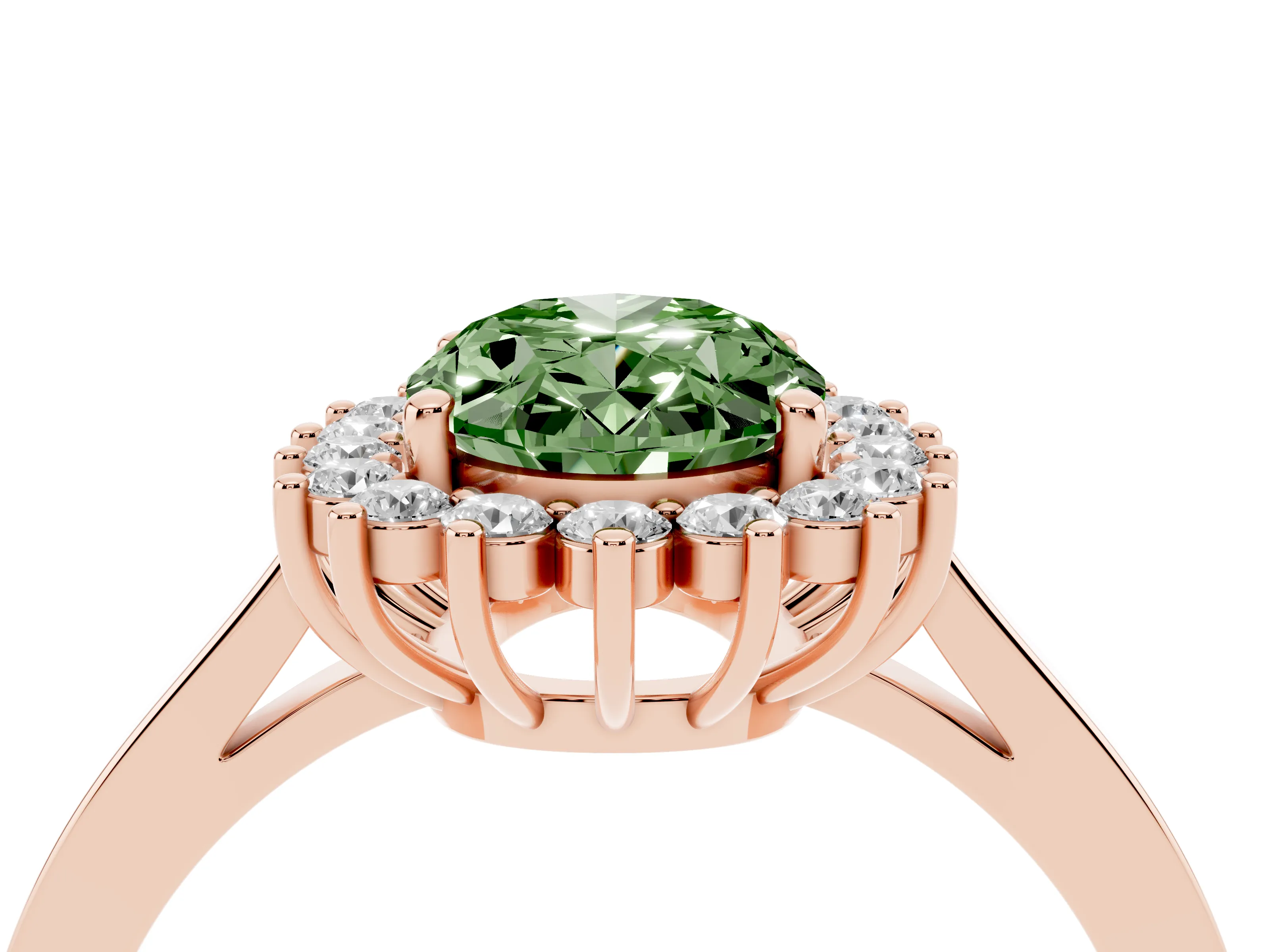 Fancy Green Oval Cut Diamond Halo Ring Set in Rose gold with Round Halo and Smooth Solitaire Band