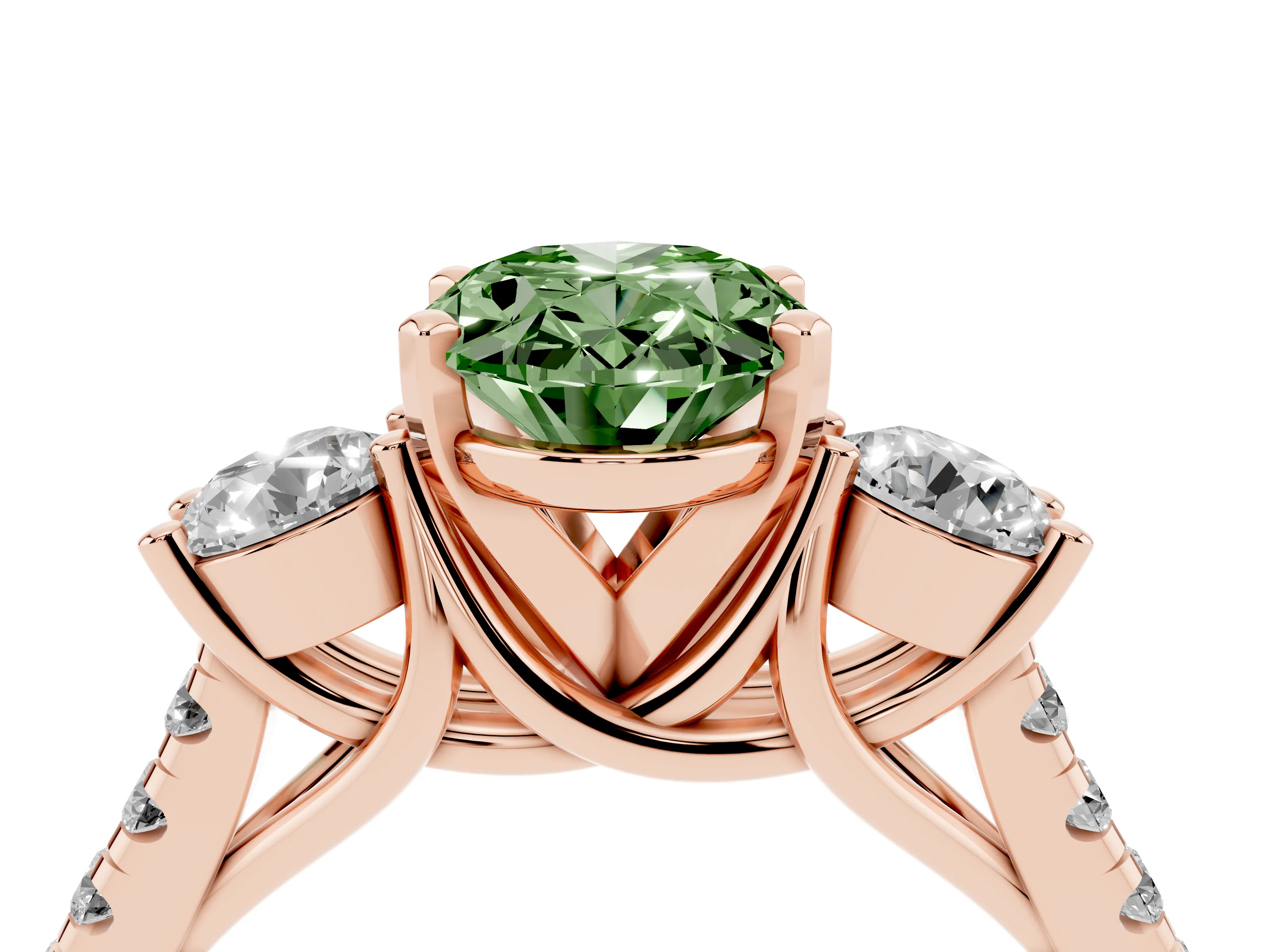 Fancy Green Three-Stone Oval Cut Diamond Pavé Band Ring Set in Rose gold with Prong-Set Trio