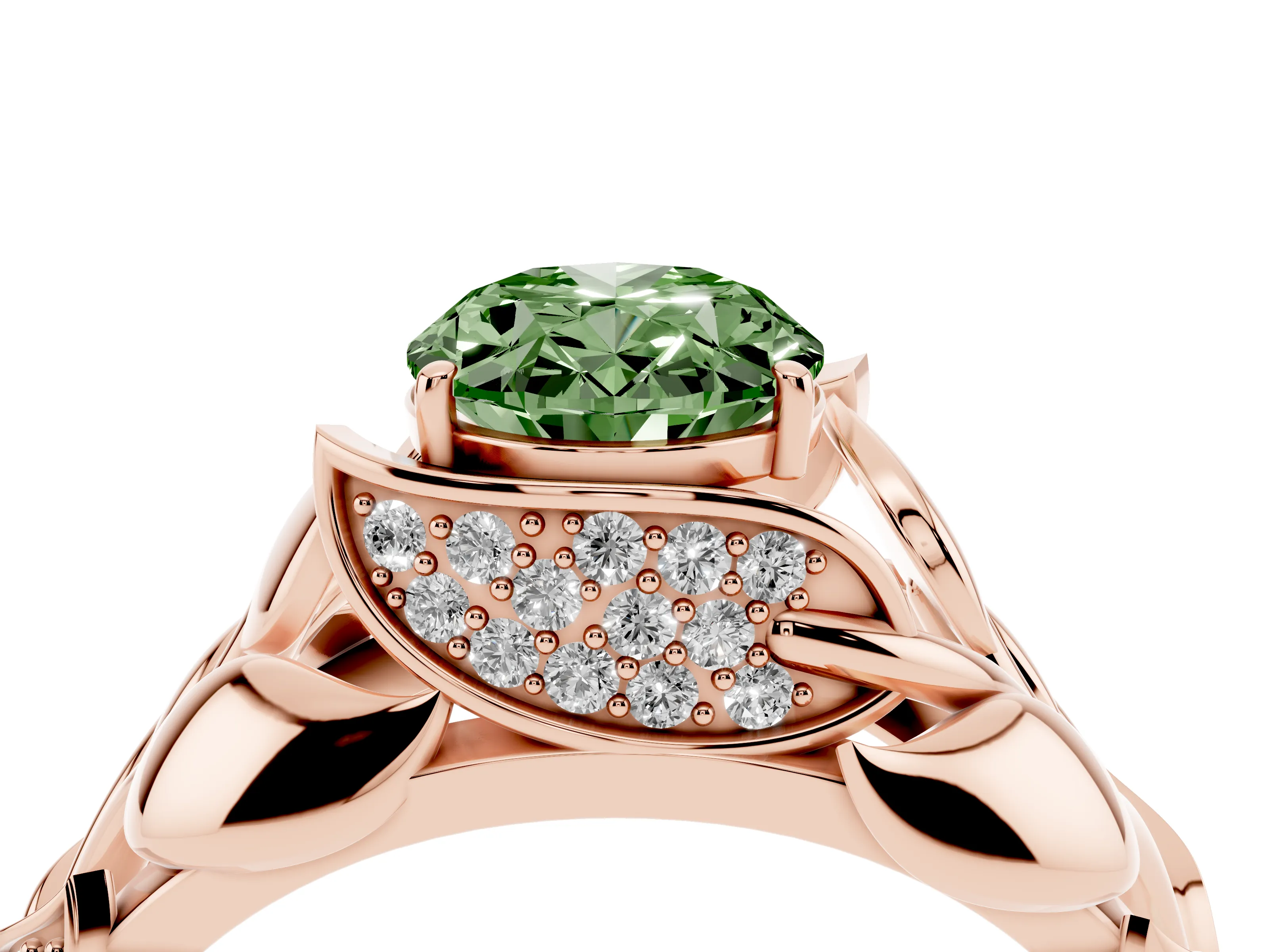 Fancy Green Oval Cut Diamond Leaf-Inspired Engagement Ring Set in Rose gold with Round Accents