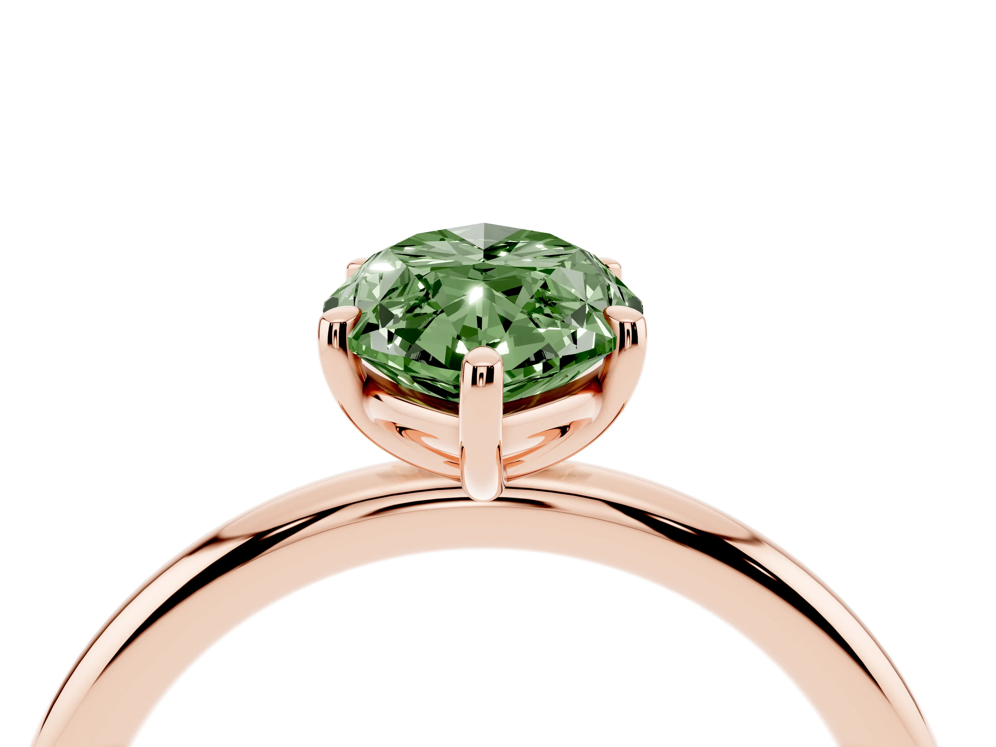 Fancy Green Oval Cut Diamond Solitaire Ring Set in Rose gold with Prong Setting on a Polished Plain Band