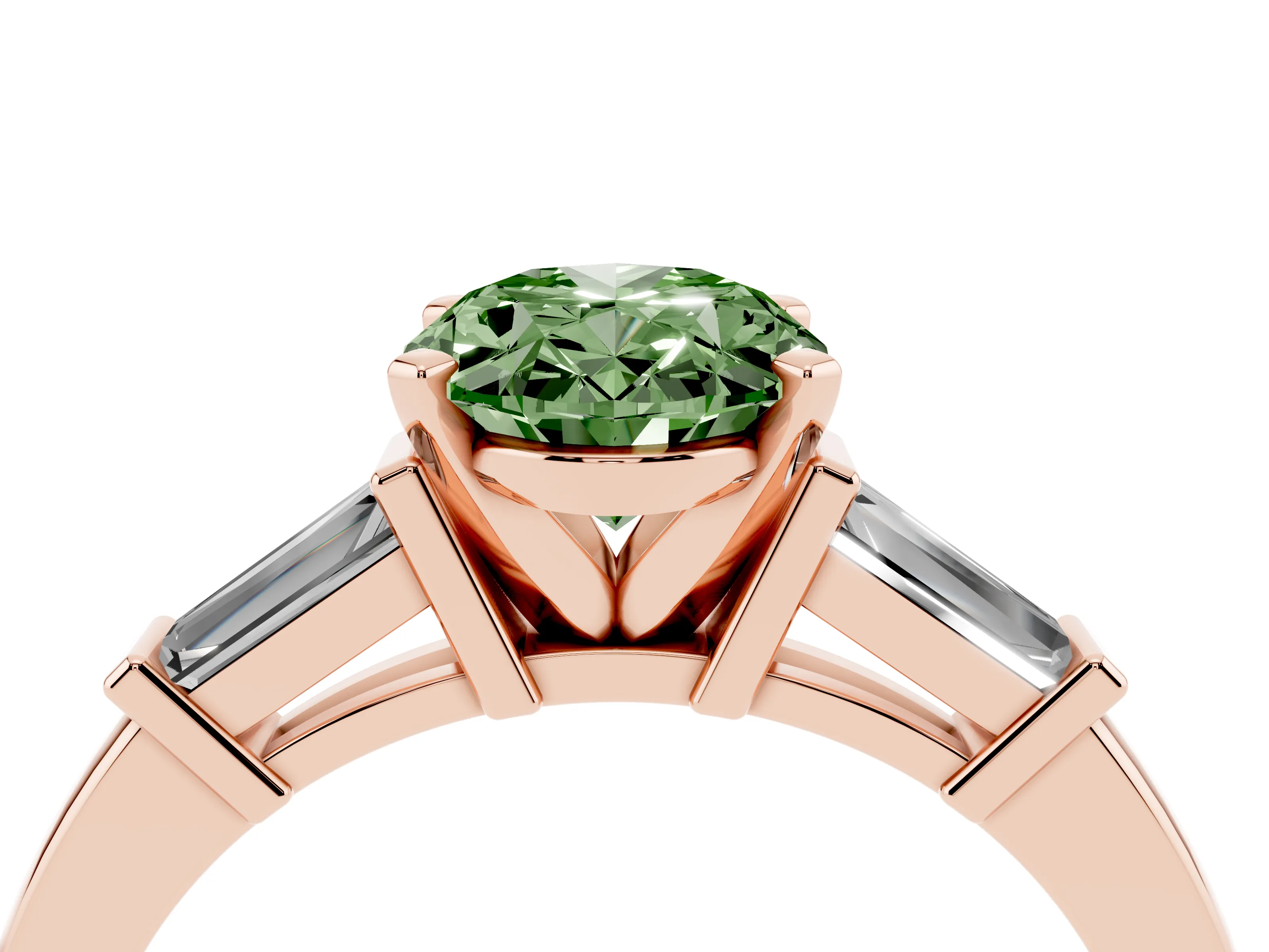 Fancy Green Oval Cut Diamond Solitaire Ring Set in Rose gold with Tapered Baguette Accents and Prong Setting