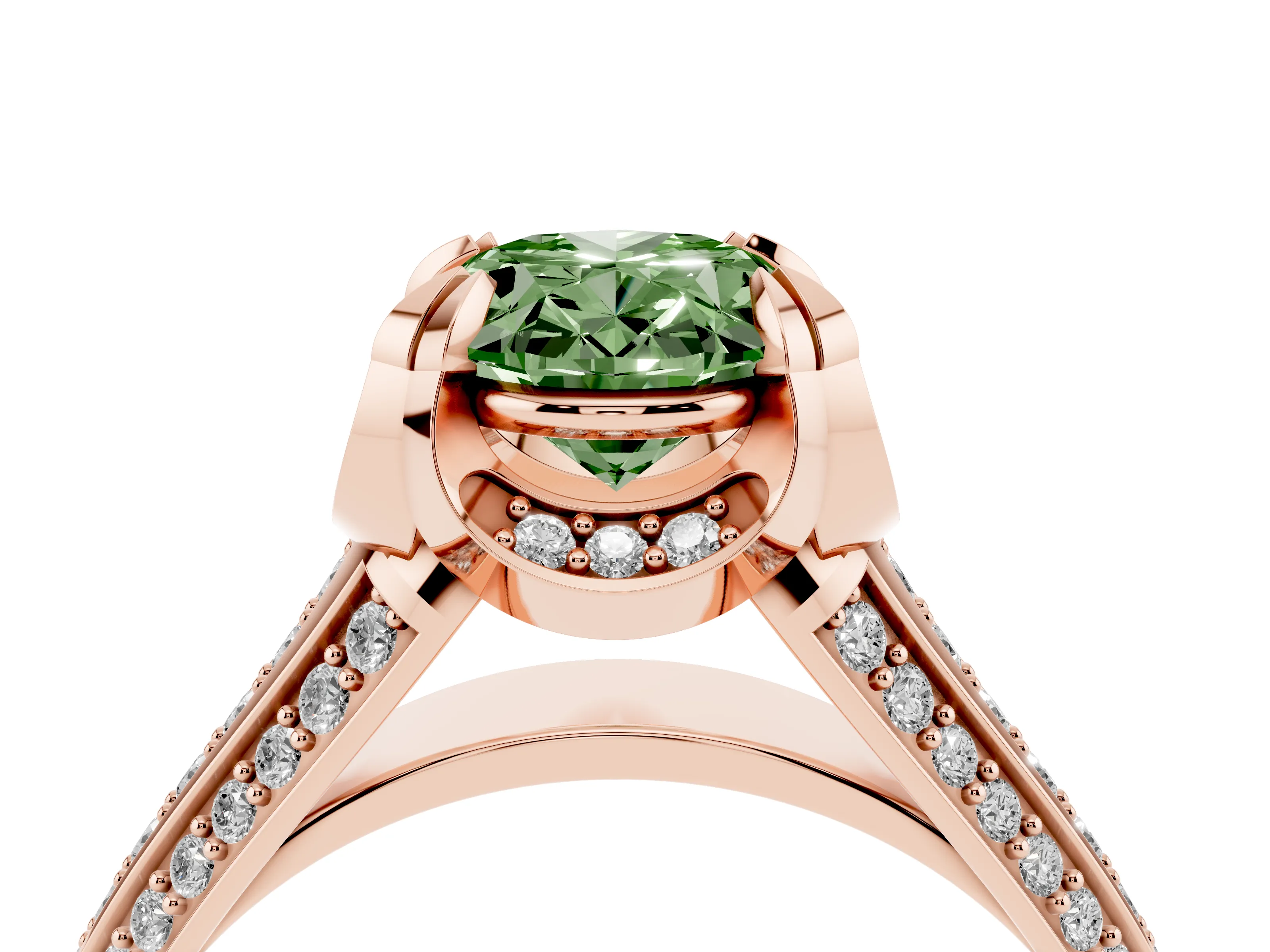 Fancy Green Oval Cut Diamond Pavé Split Shank Solitaire Ring Set in Rose gold with Prong Setting