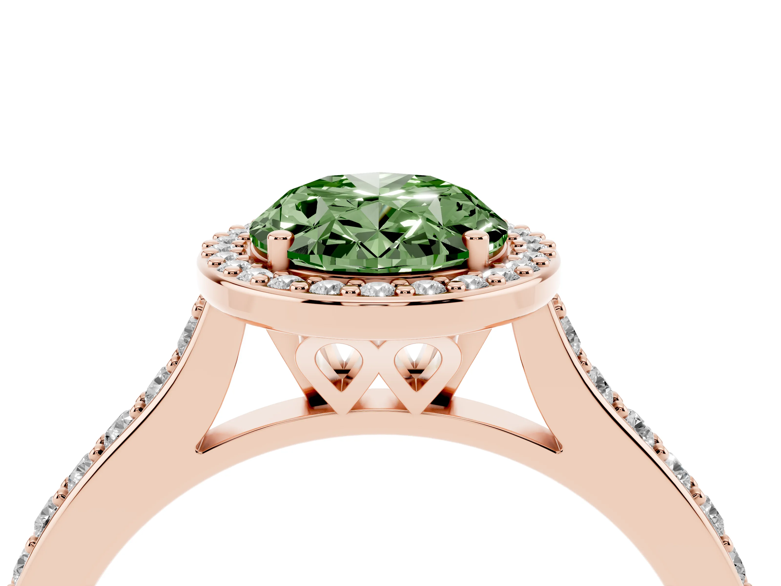Fancy Green Oval Cut Diamond Halo Engagement Ring Set in Rose gold with Round Pavé Shoulders and Heart Gallery