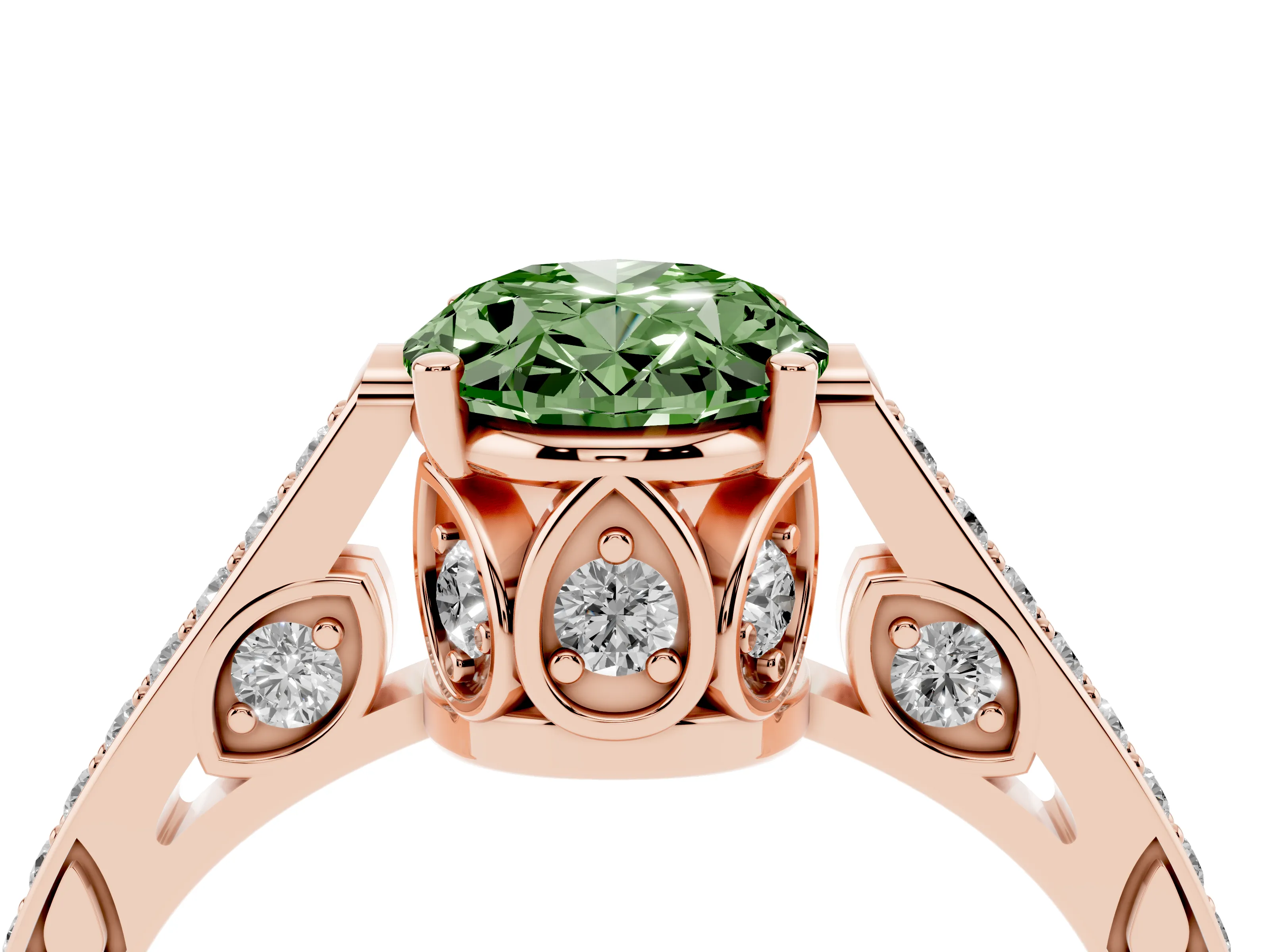 Fancy Green Oval Cut Diamond Cathedral Pavé Engagement Ring Set in Rose gold with Prong Setting
