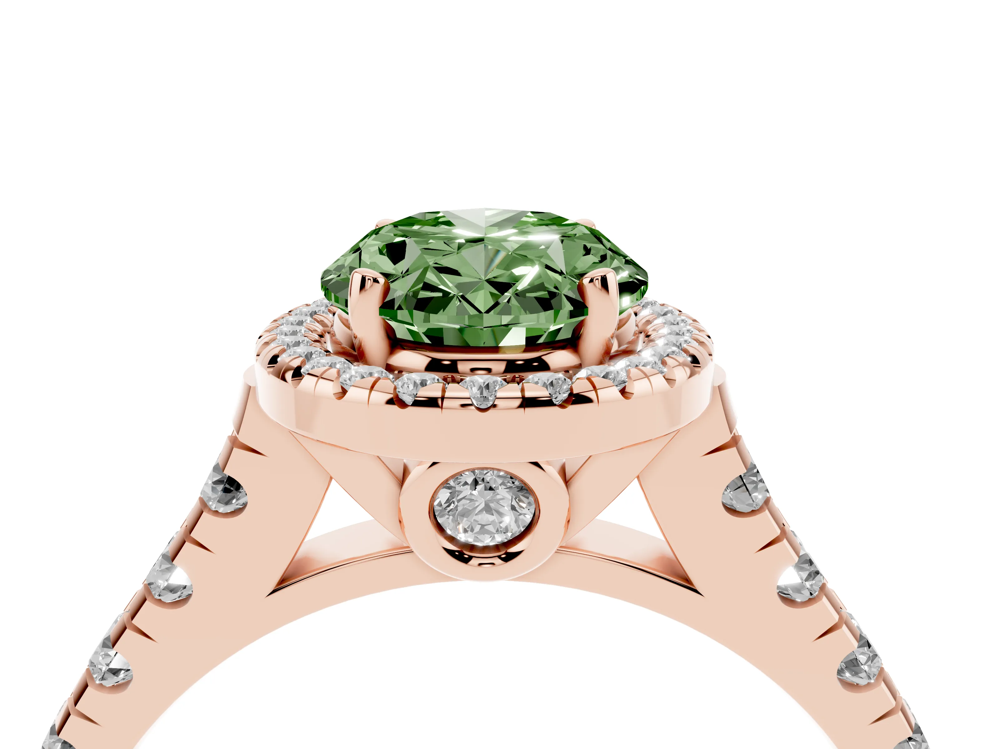 Fancy Green Oval Cut Diamond Halo Engagement Ring Set in Rose gold with Pavé Band and Prong-Set Center