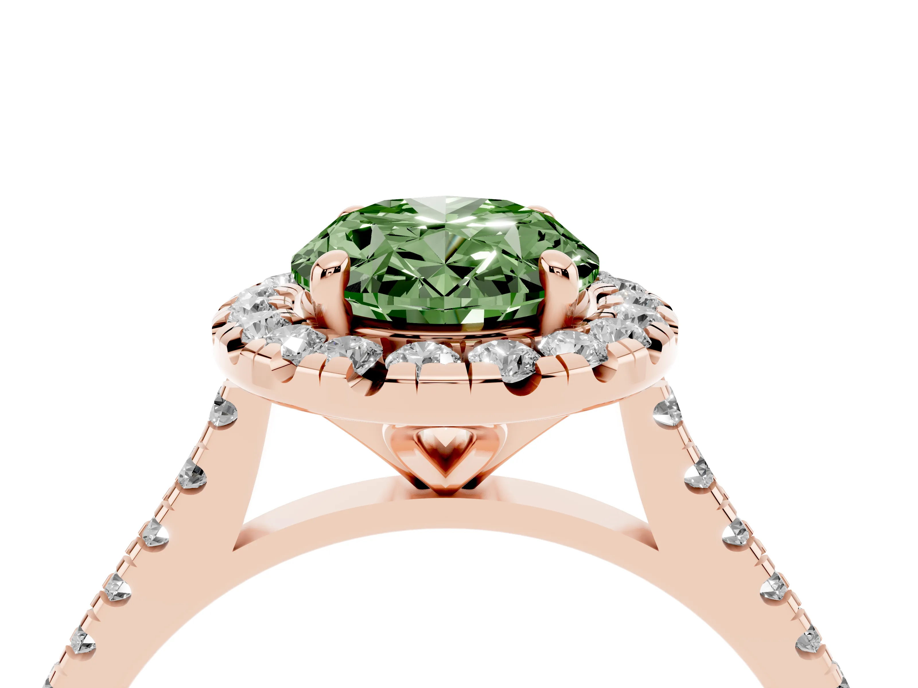 Fancy Green Oval Cut Diamond Cushion Halo Ring Set in Rose gold with Pavé Band