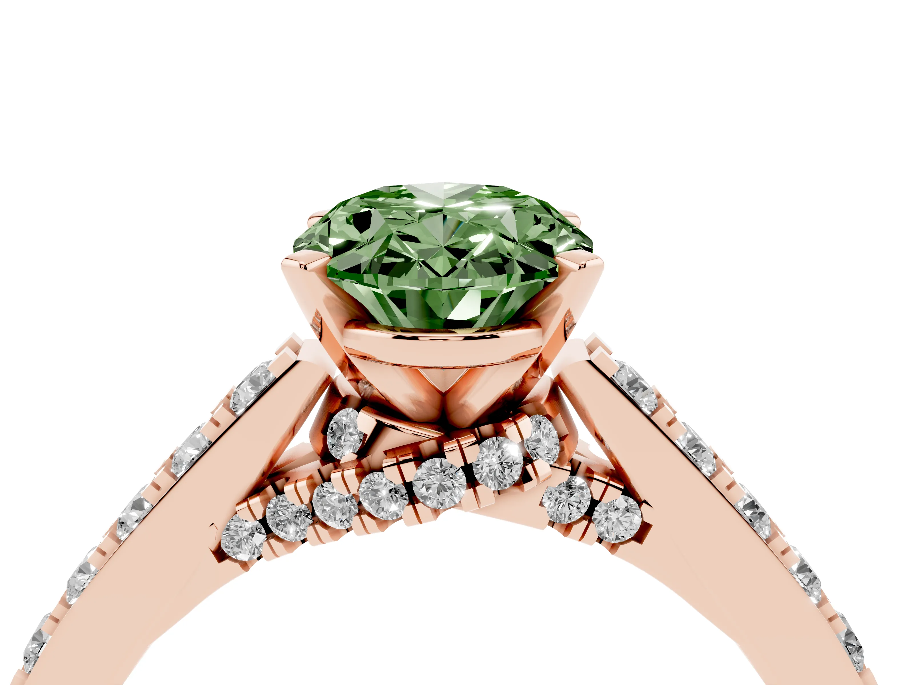 Fancy Green Oval Cut Diamond Solitaire Ring Set in Rose gold with Crossover Gallery and Round Pavé Band