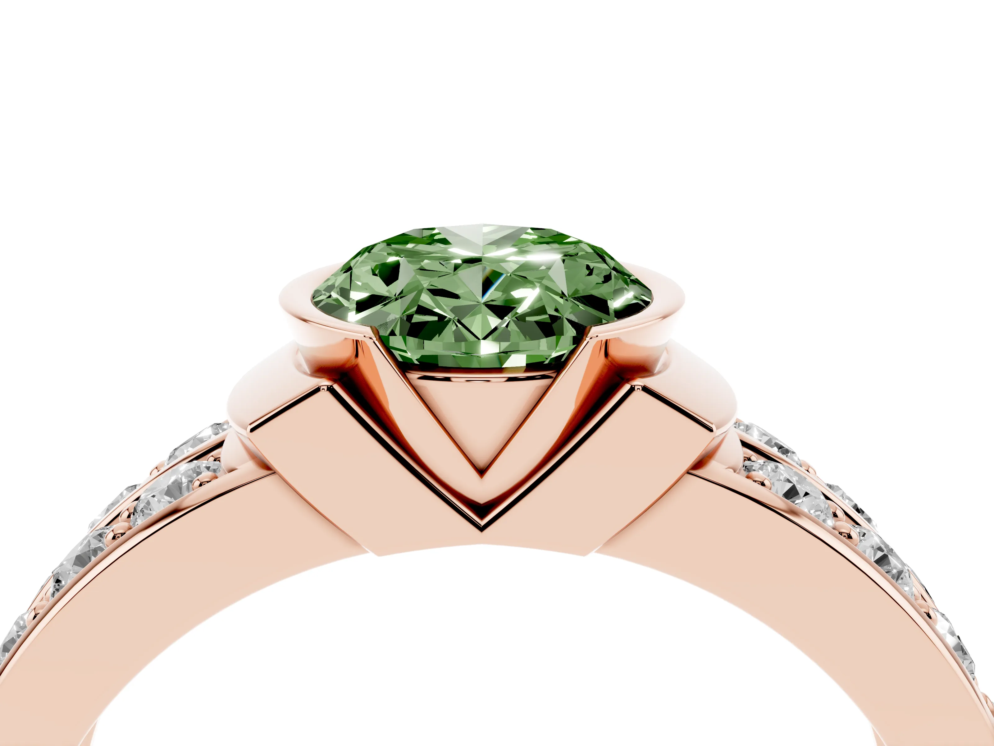 Fancy Green Oval Cut Diamond Wide Channel Set Band Ring Set in Rose gold with Bezel Setting