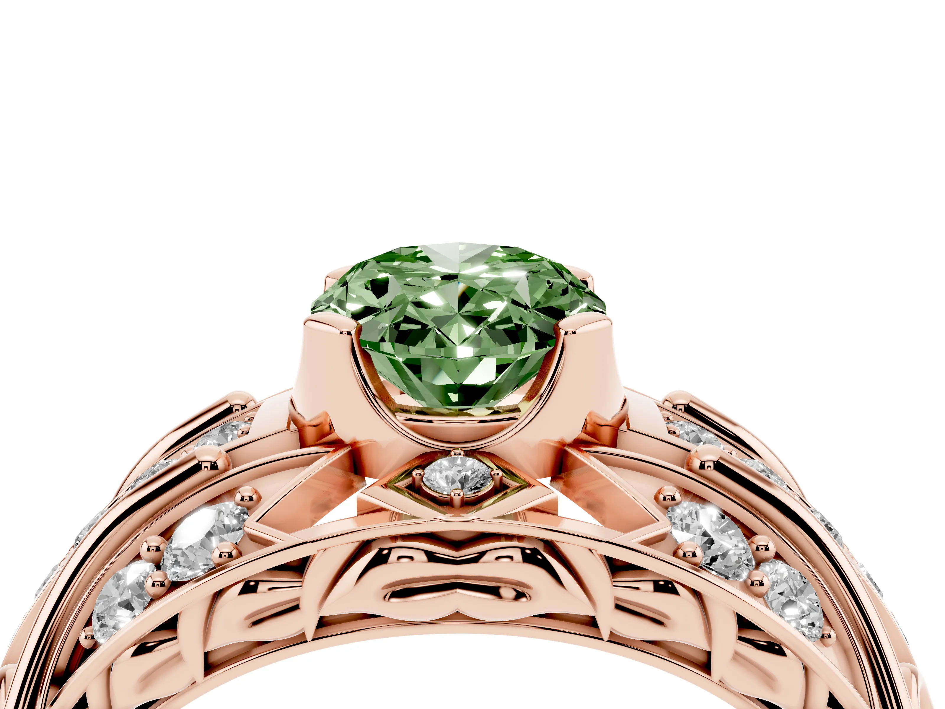 Fancy Green Oval Cut Diamond Art Deco Ring Set in Rose gold with Pavé Split Shank
