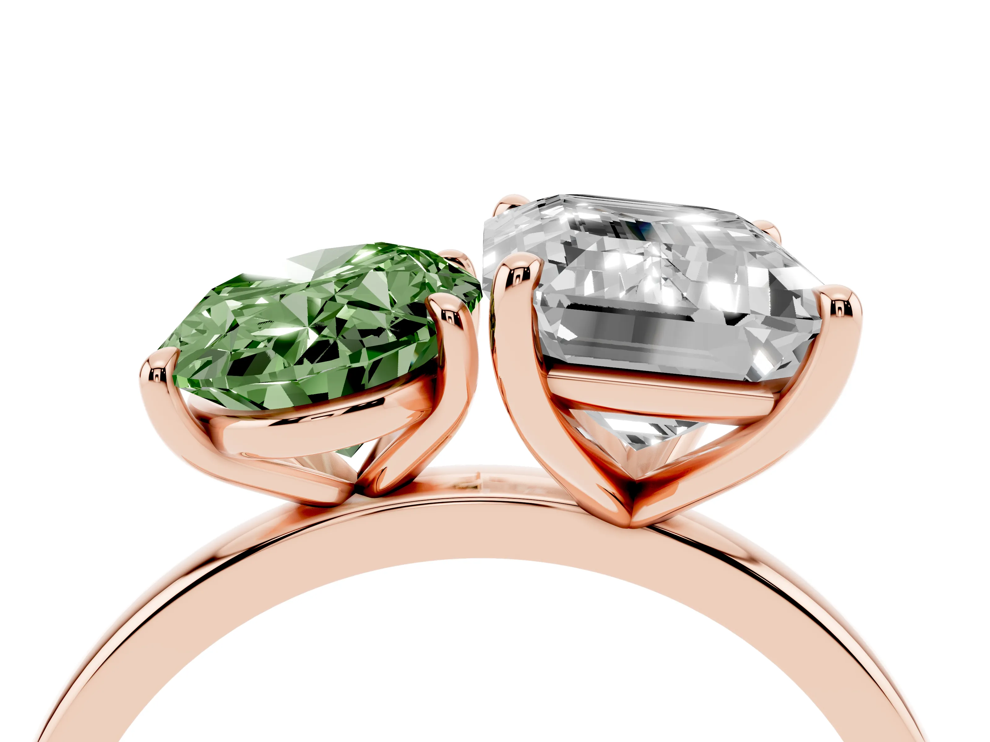 Fancy Green Oval Cut and Emerald Cut Toi Moi Ring Set in Rose gold with Prong Setting