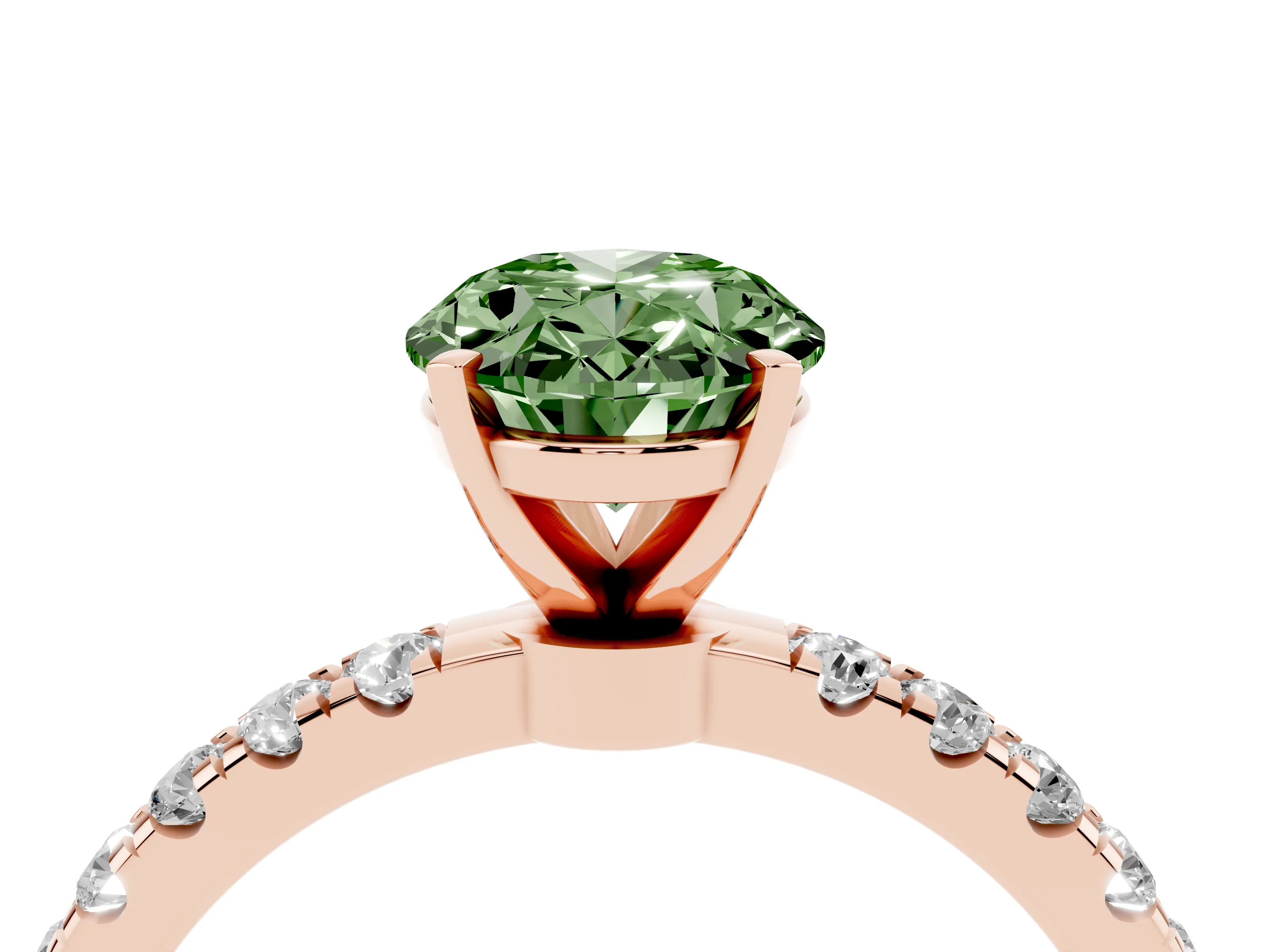 Fancy Green Oval Cut Diamond Solitaire Ring Set in Rose gold with Pavé Accents and Prong Setting