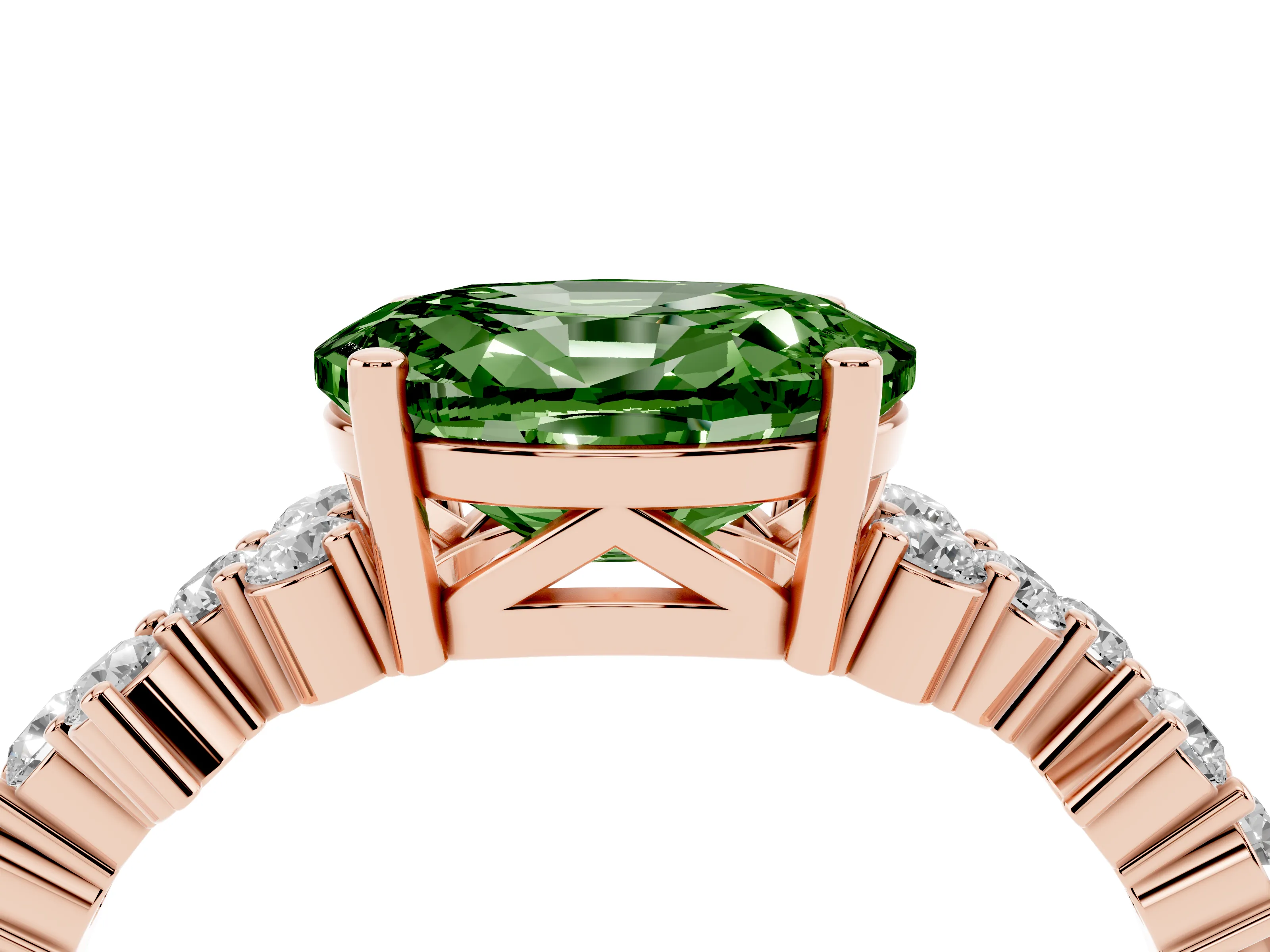 Fancy Green Oval Cut Diamond Ring Set in Rose gold with Scattered Round Accents