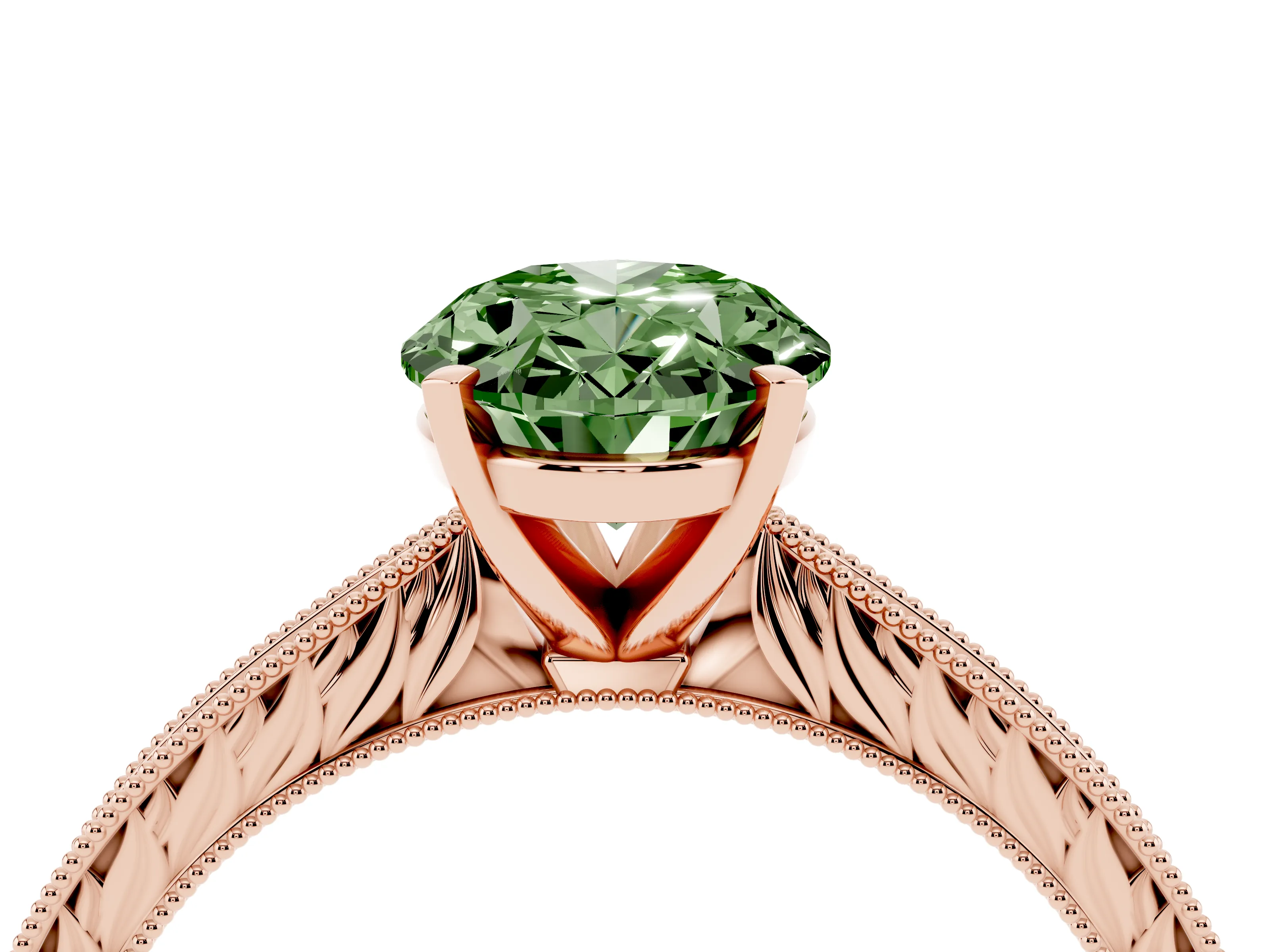Fancy Green Oval Cut Diamond Solitaire Milgrain Engraved Band Set in Rose gold with Prong Setting