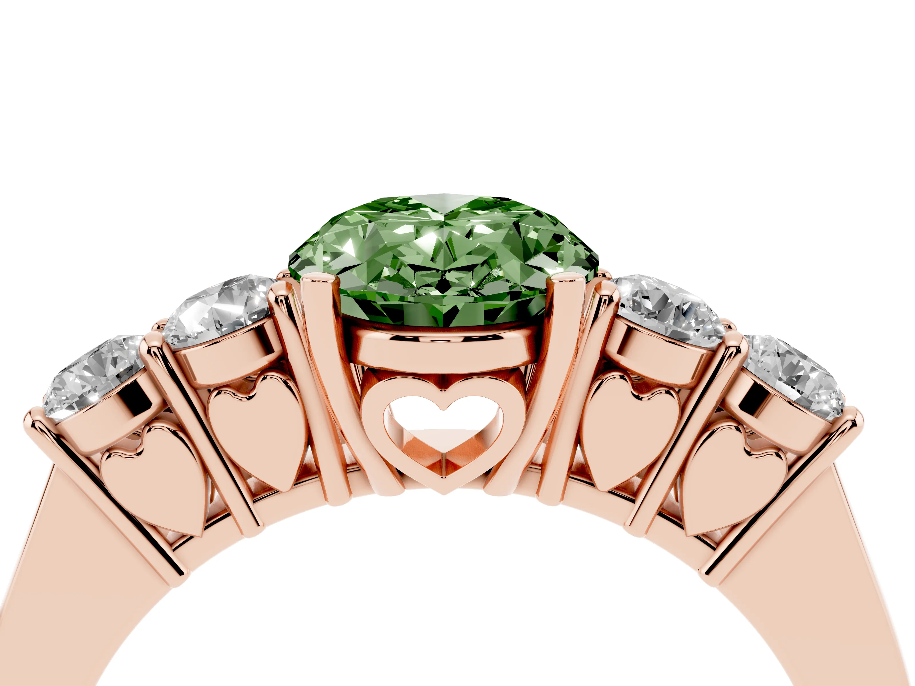 Fancy Green Oval Cut Diamond Five-Stone Prong Set Band Ring Set in Rose gold with Polished Band