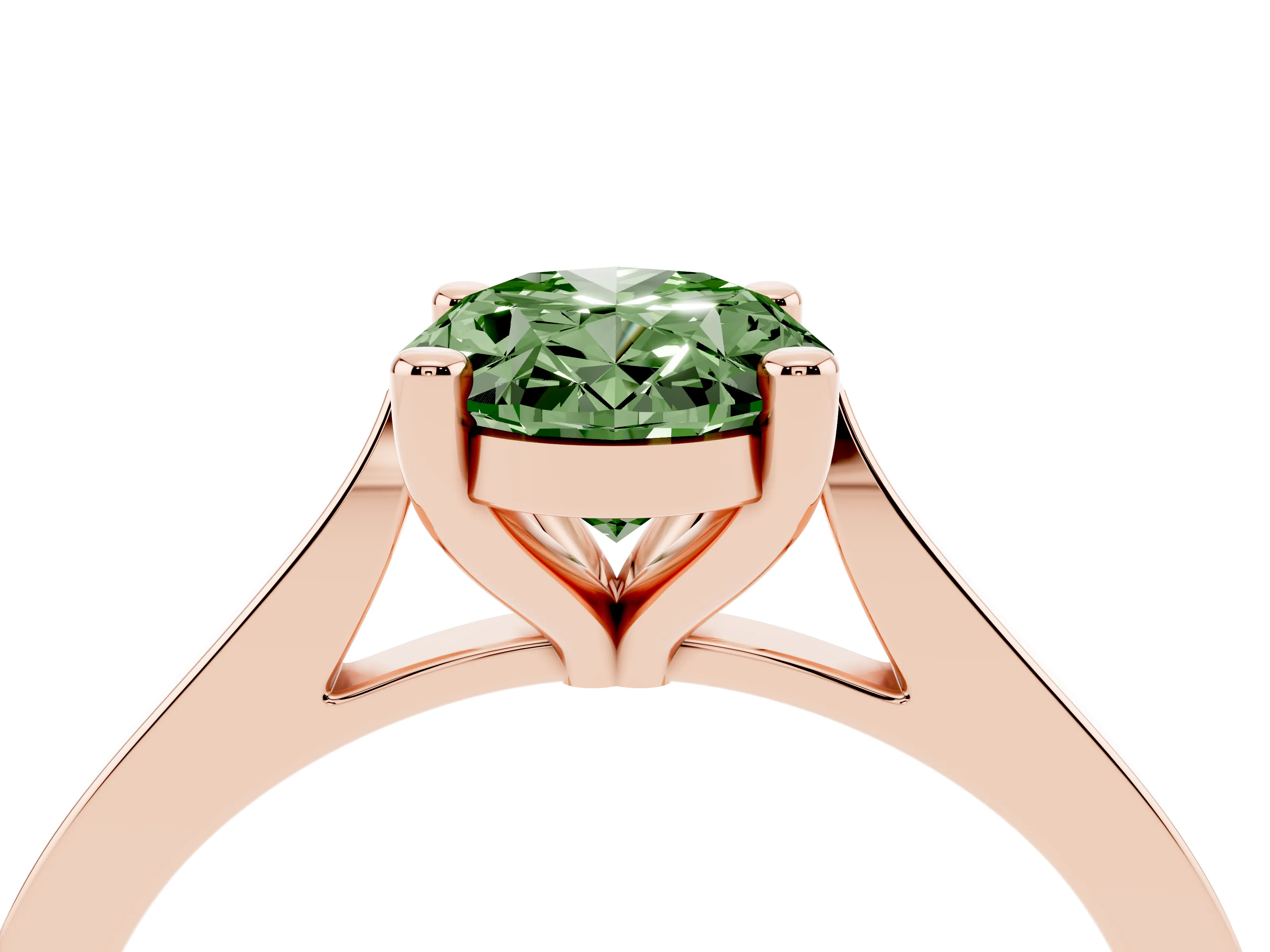 Fancy Green Oval Cut Diamond Solitaire Ring Set in Rose gold with Prong Setting and Tapered Band