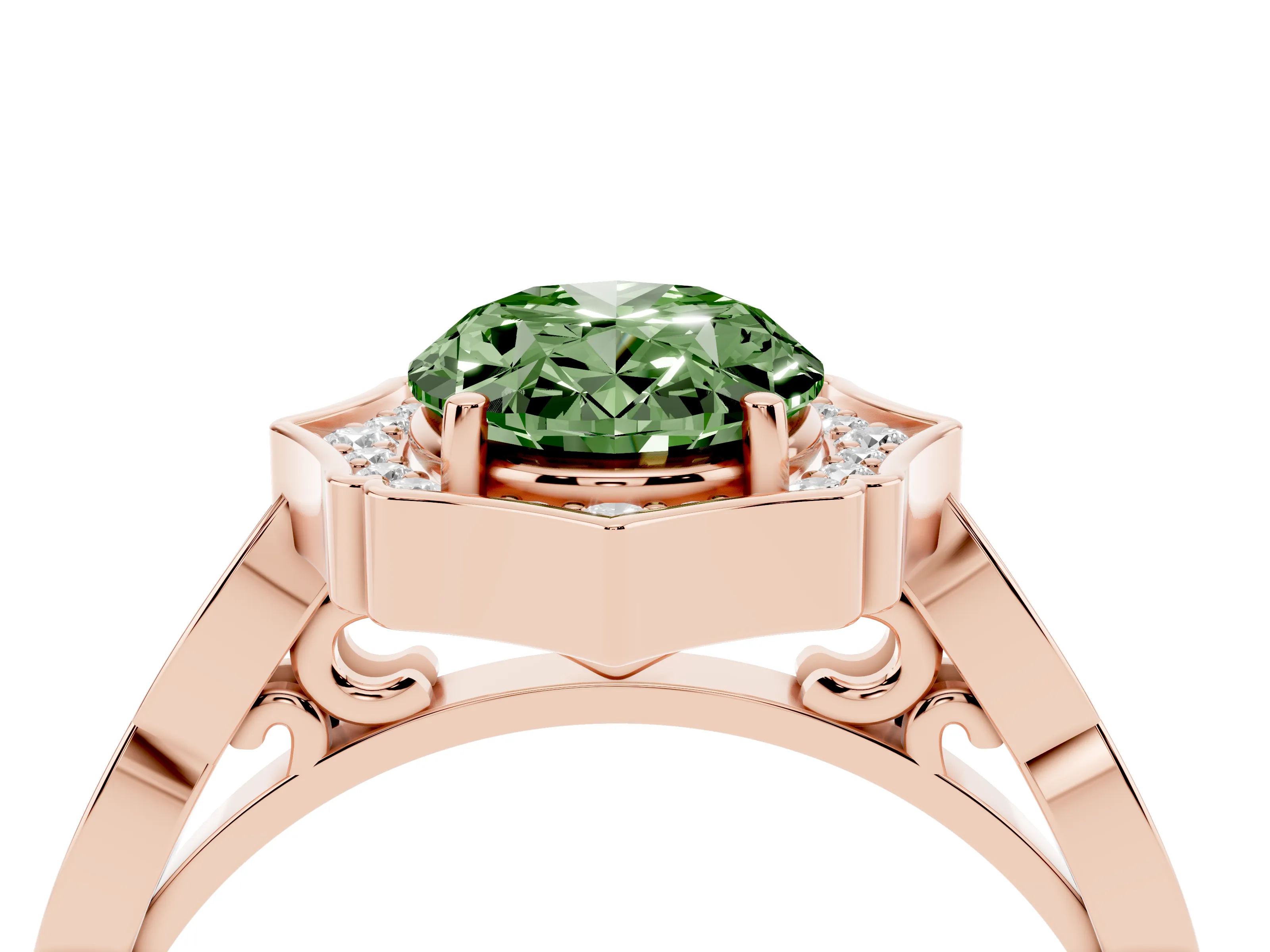 Fancy Green Oval Cut Diamond Halo Engagement Ring Set in Rose gold with Milgrain Band and Prong Setting