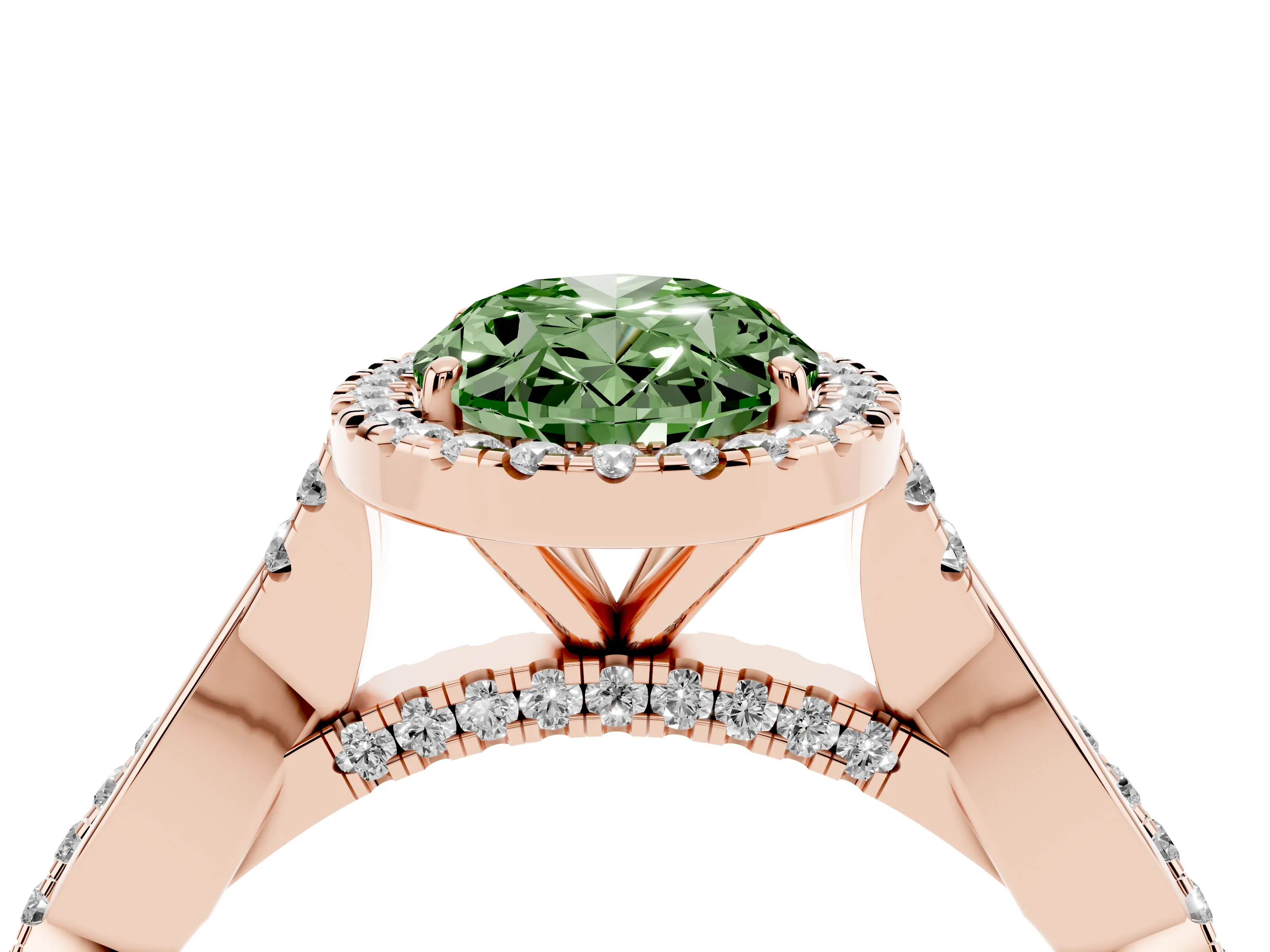 Fancy Green Oval Cut Diamond Halo Twist Band Solitaire Ring Set in Rose gold with Prong Setting