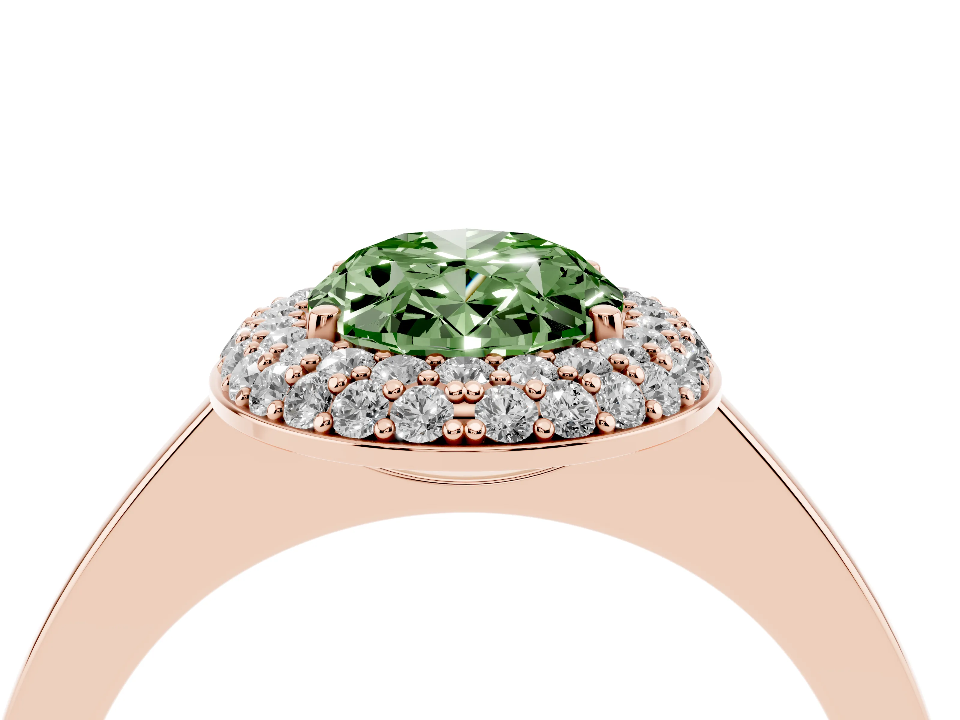 Fancy Green Oval Cut Diamond Halo Engagement Ring Set in Rose gold with Solitaire Band and Prong Setting