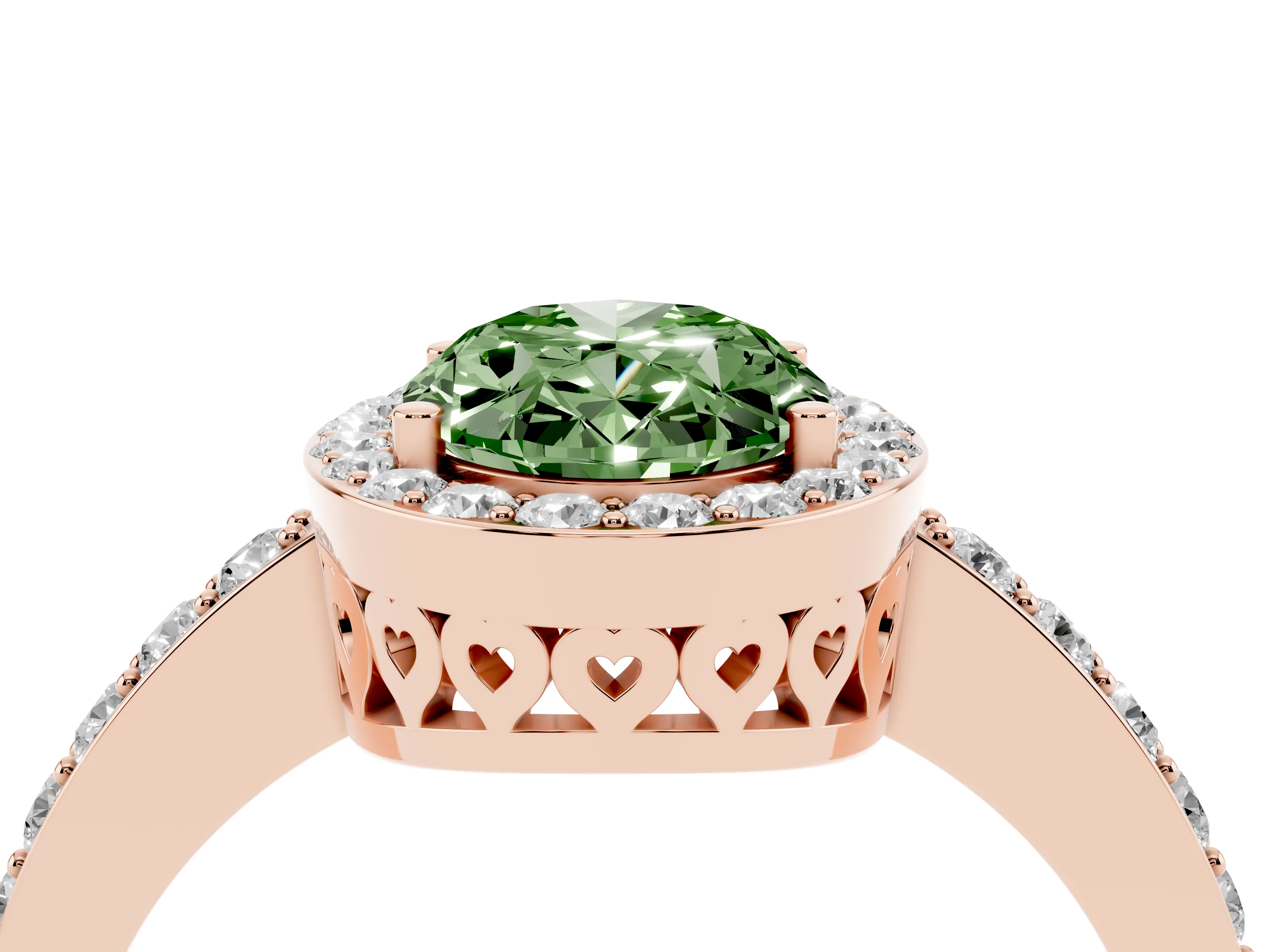 Fancy Green Oval Cut Diamond Halo Ring Set in Rose gold with Pavé-Setting Band and Open Prong Center