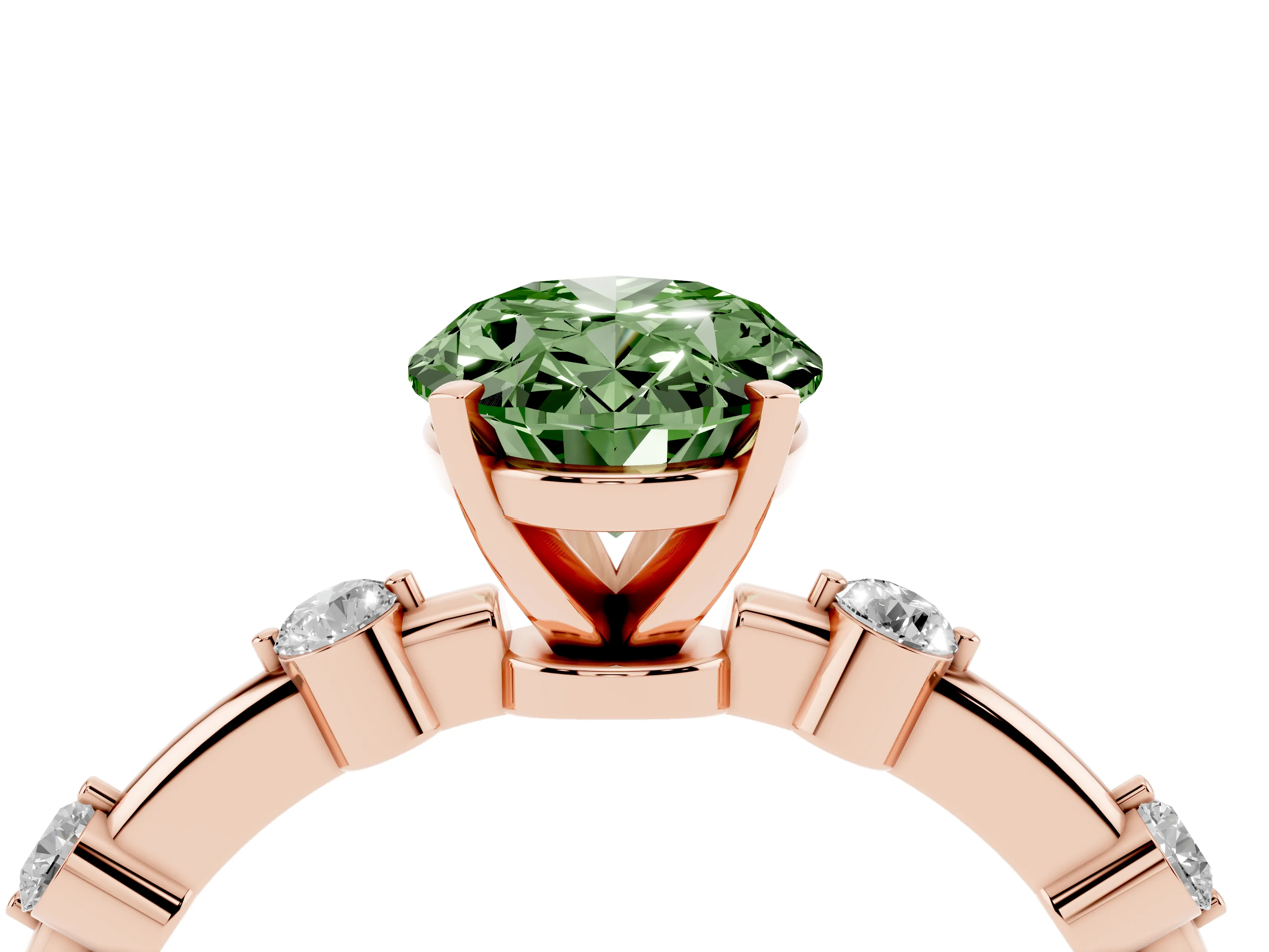 Fancy Green Oval Cut Diamond Solitaire Ring Set in Rose gold with Bezel Set Side Stones and Prong Setting