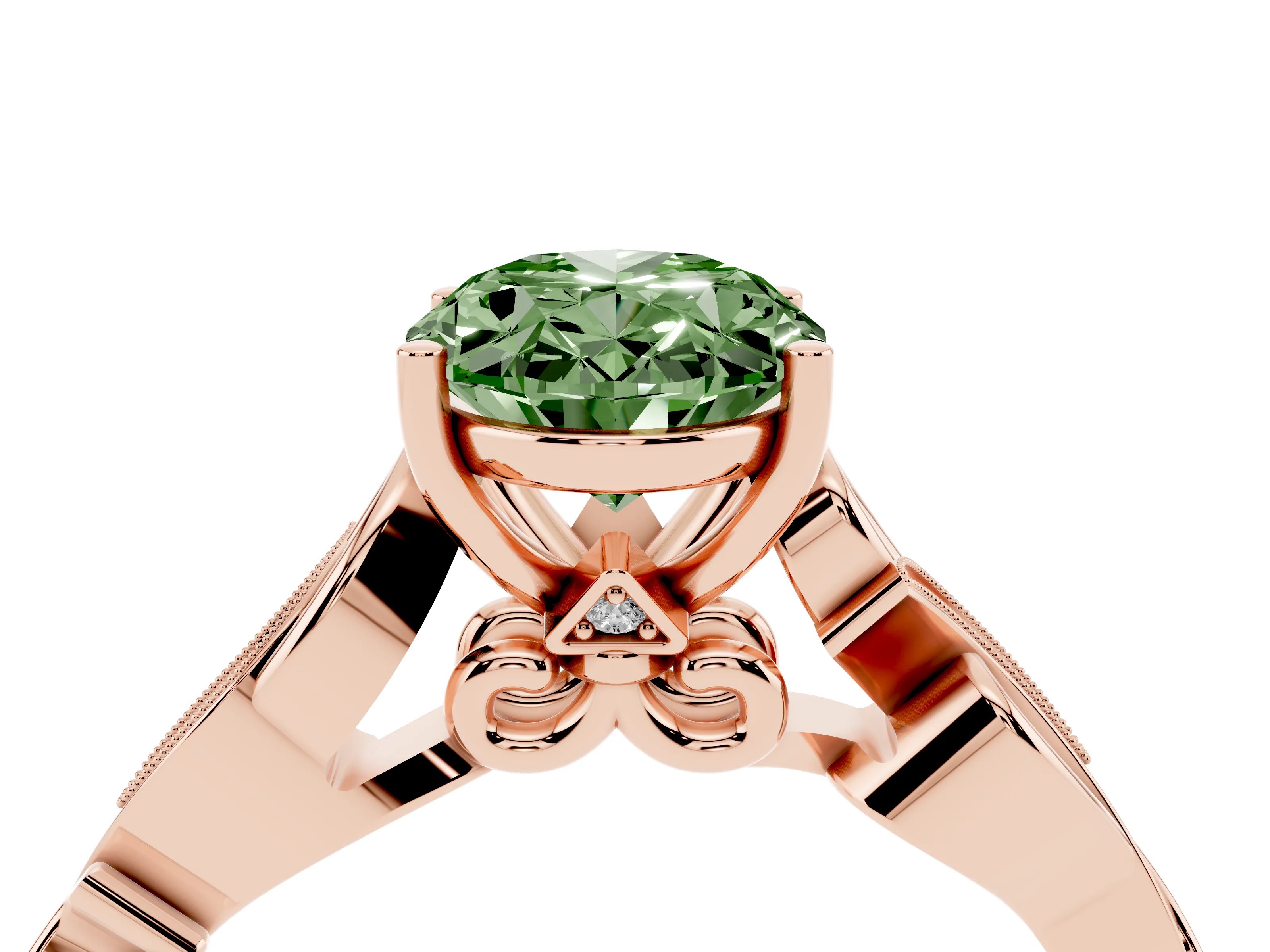 Fancy Green Oval Cut Diamond Vine Band Solitaire Ring Set in Rose gold with Milgrain Prong Setting