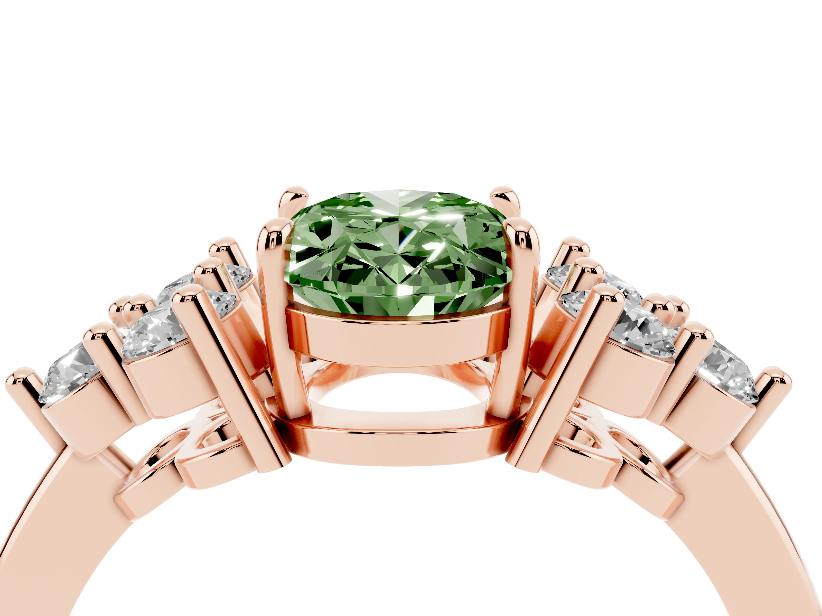Fancy Green Oval Cut Diamond Solitaire Ring Set in Rose gold with Cluster Accents on Each Side