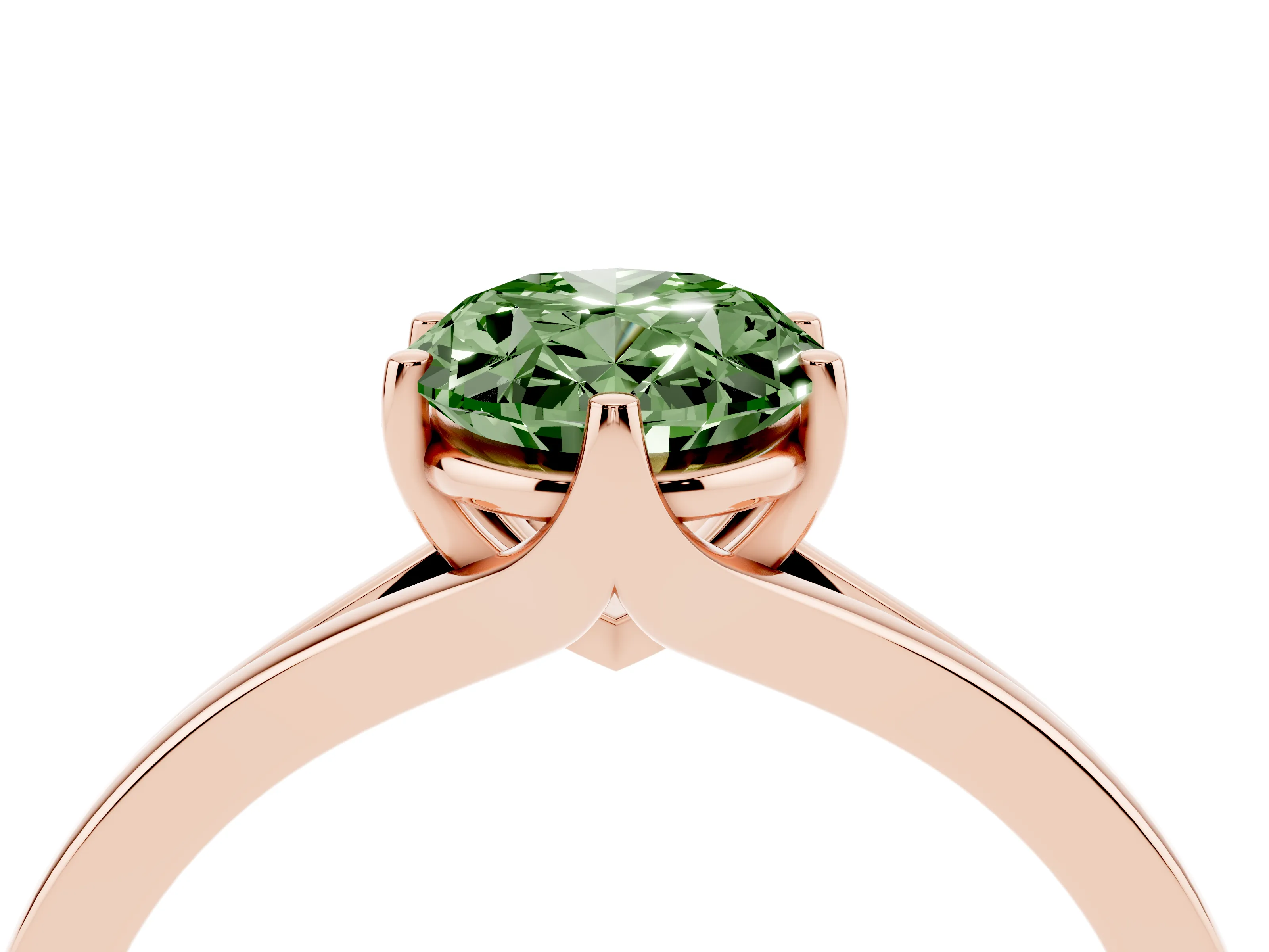 Fancy Green Oval Cut Diamond Solitaire Ring Set in Rose gold with Polished Tapered Band and Prong Setting