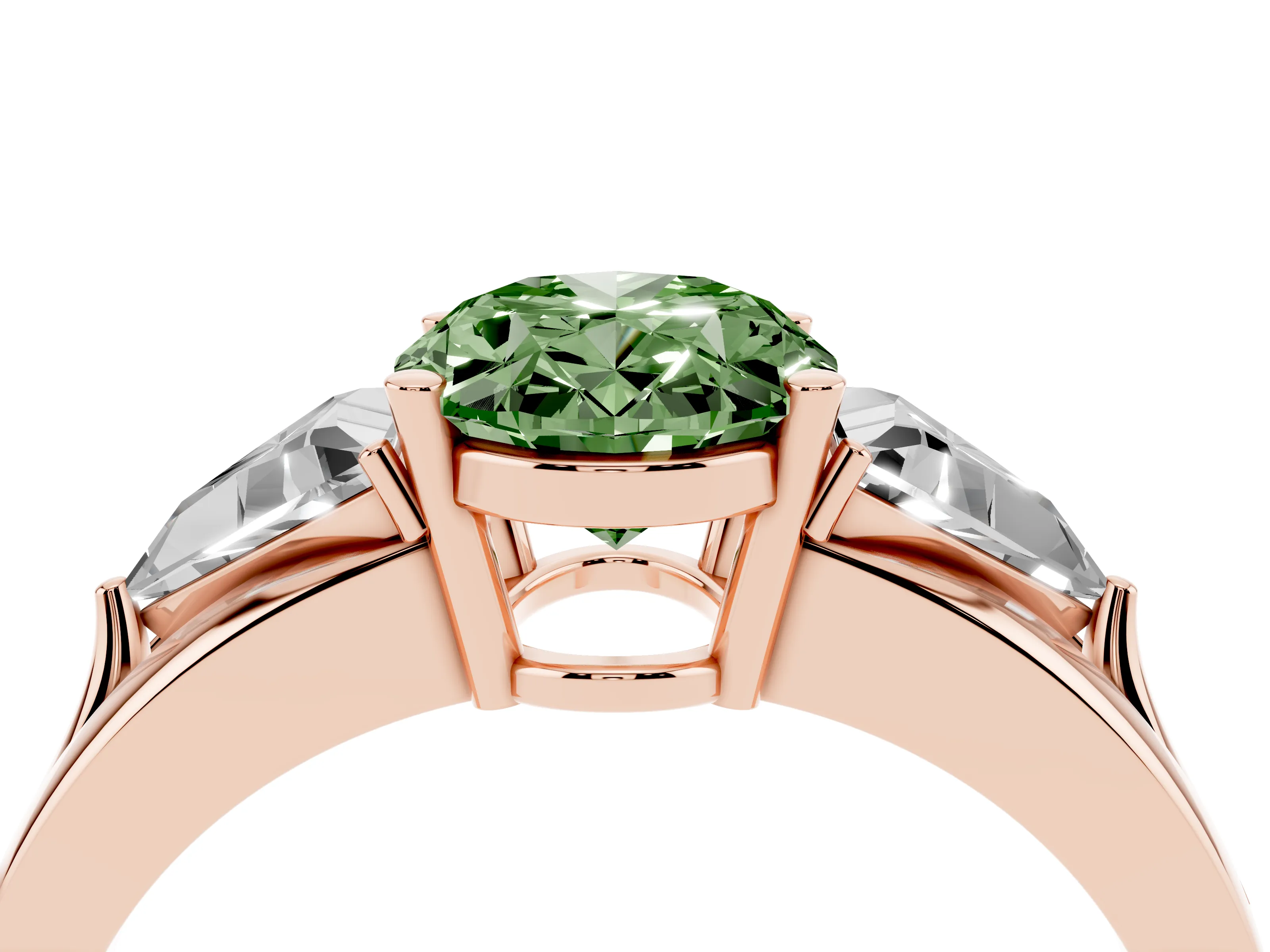 Fancy Green Oval Cut Diamond Three-Stone Ring Set in Rose gold with Trillion Side Stones and Split Shank