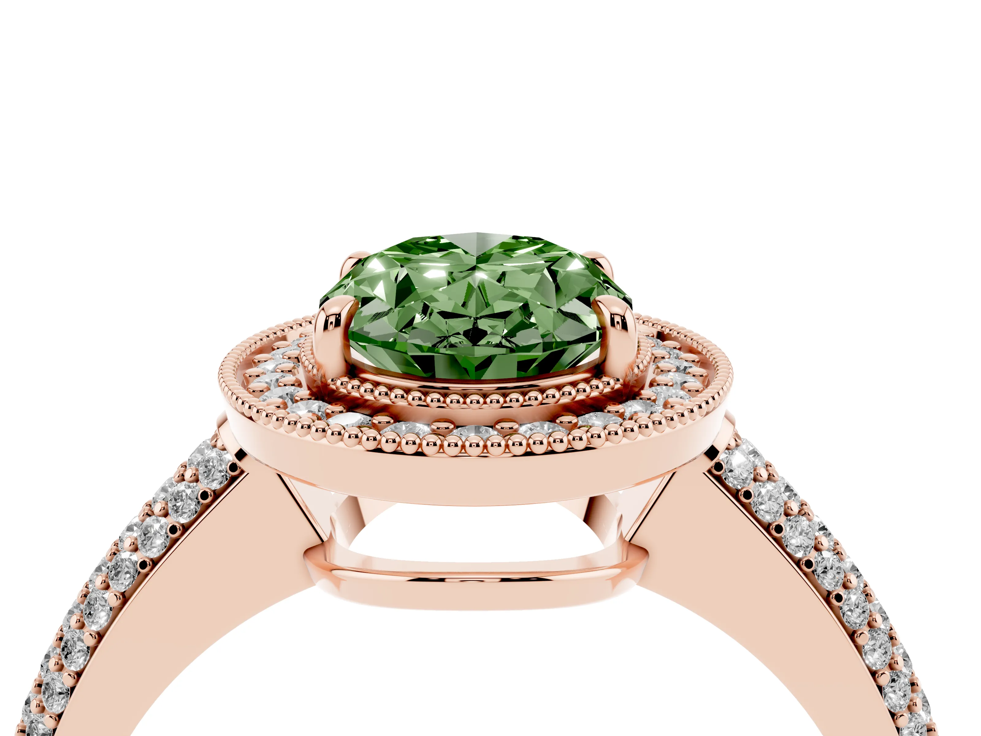 Fancy Green Oval Cut Diamond Halo Pavé Band Set in Rose gold with Prong Setting
