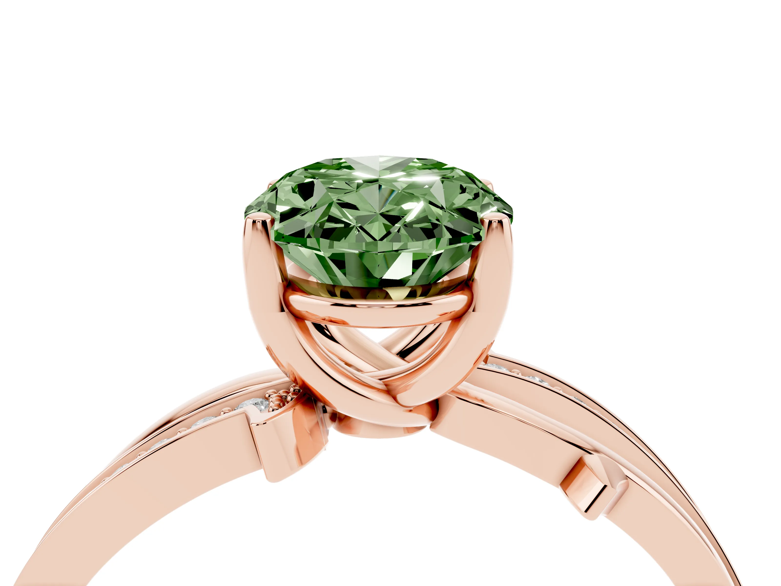 Fancy Green Oval Cut Diamond Pavé Twist Band Solitaire Ring Set in Rose gold with Prong Setting