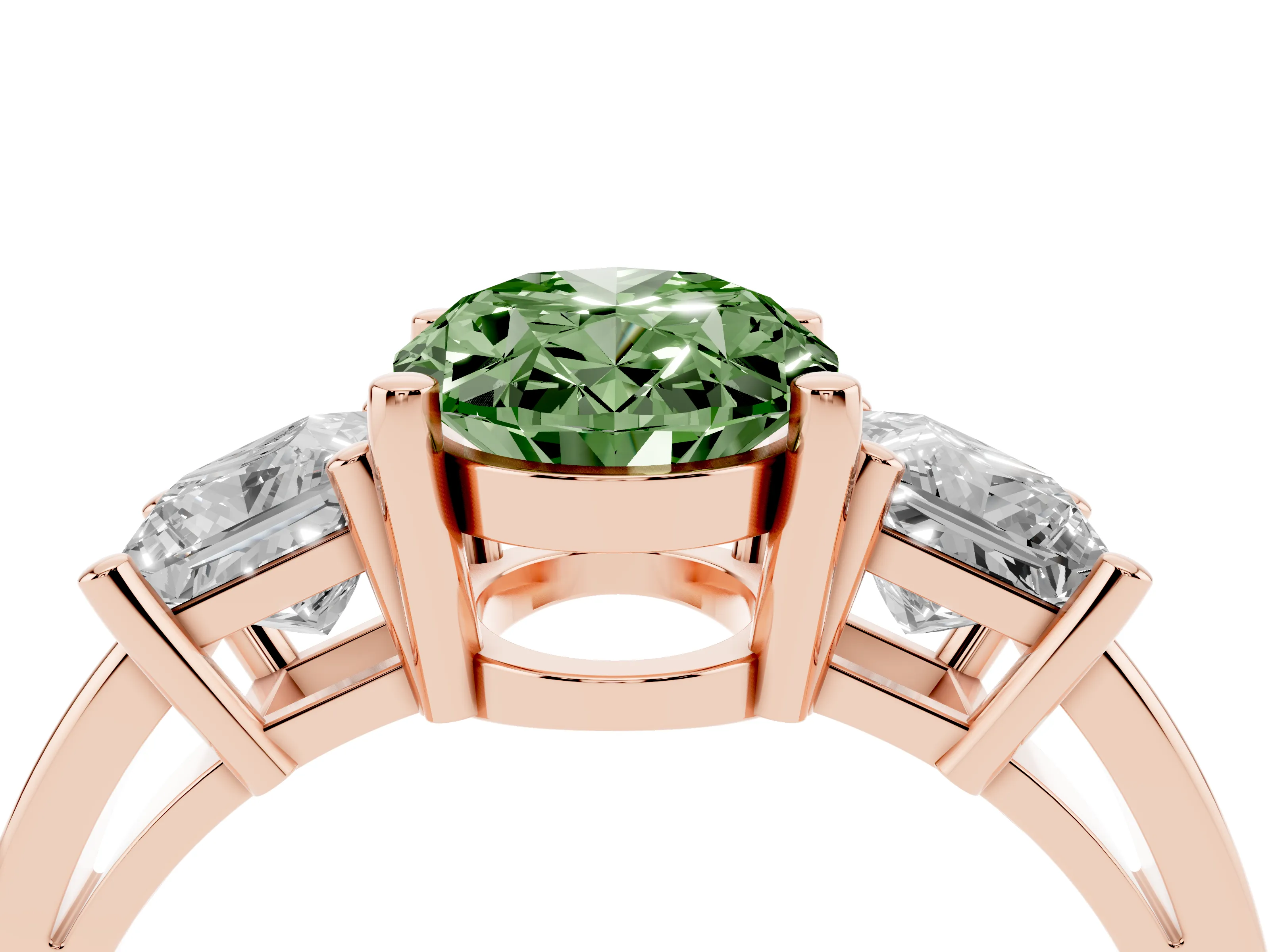 Fancy Green Three-Stone Oval Cut Diamond Solitaire Ring Set in Rose gold with Prong Setting