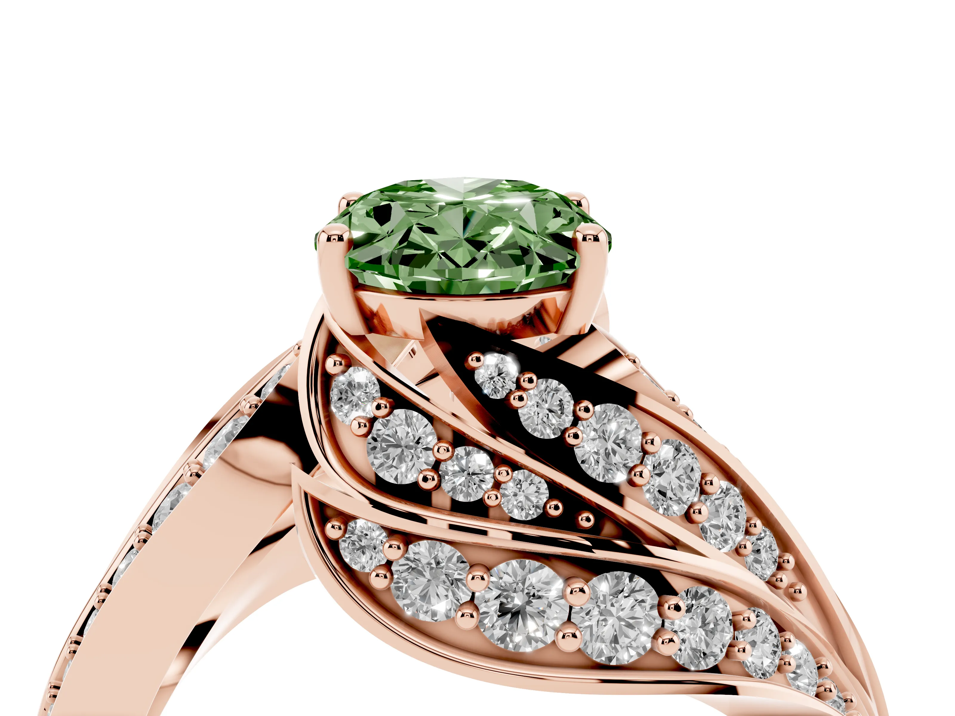 Fancy Green Oval Cut Diamond Solitaire Ring Set in Rose gold with Layered Twist Pavé Band