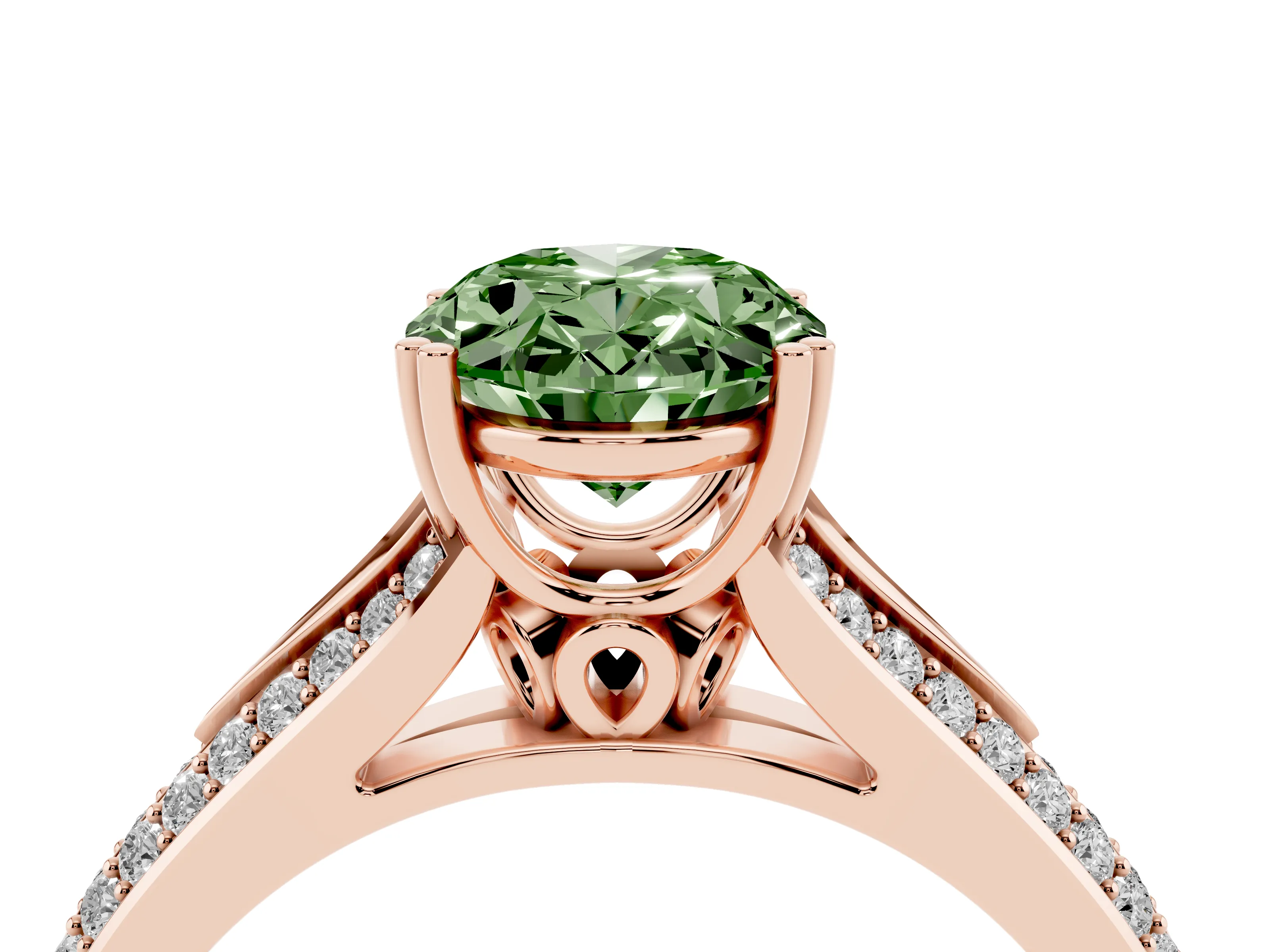 Fancy Green Oval Cut Diamond Split Shank Pavé Engagement Ring Set in Rose gold with Prong-Set Center Stone