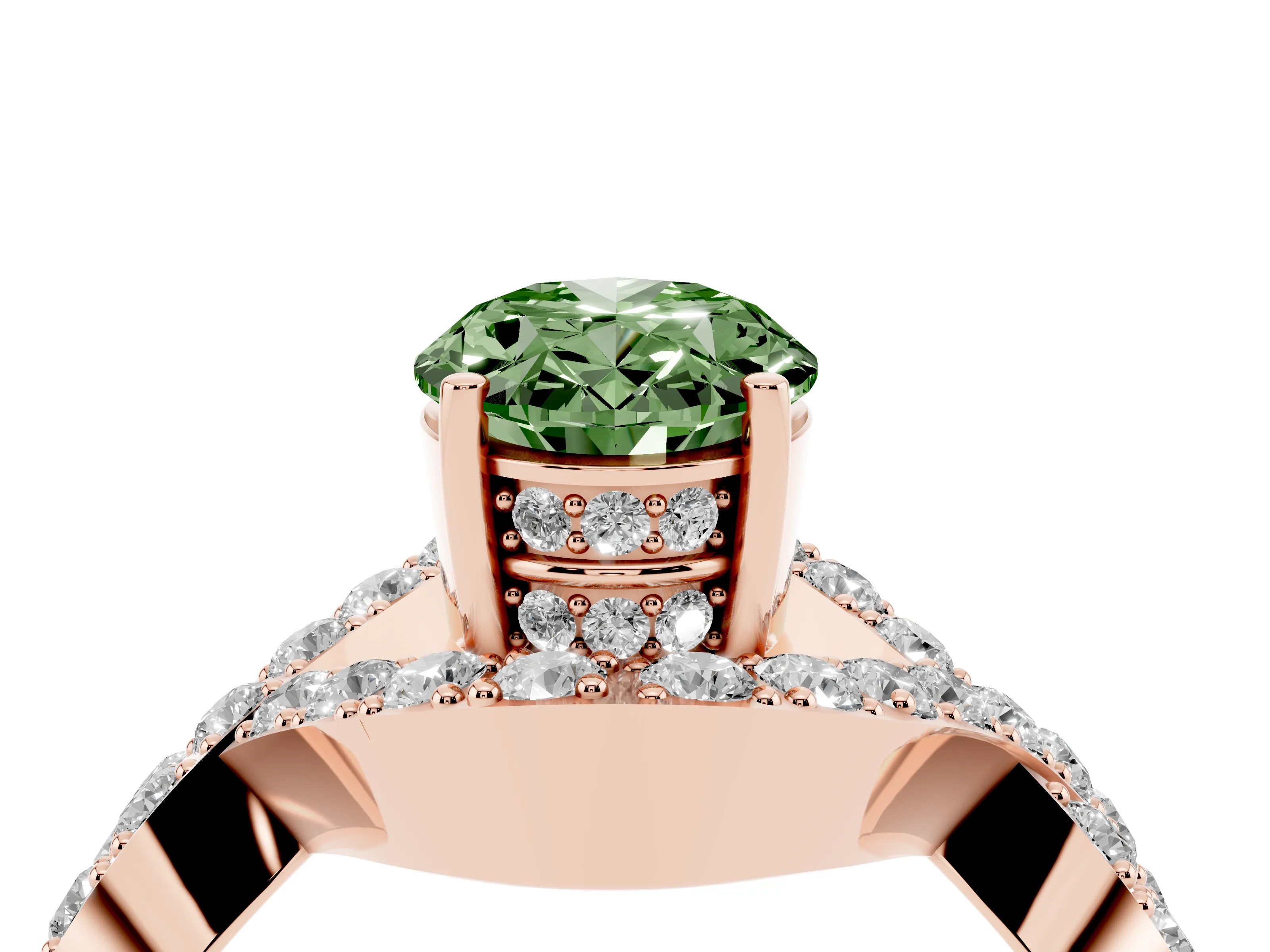 Fancy Green Oval Cut Diamond Solitaire Twist Band Pavé Engagement Ring Set in Rose gold