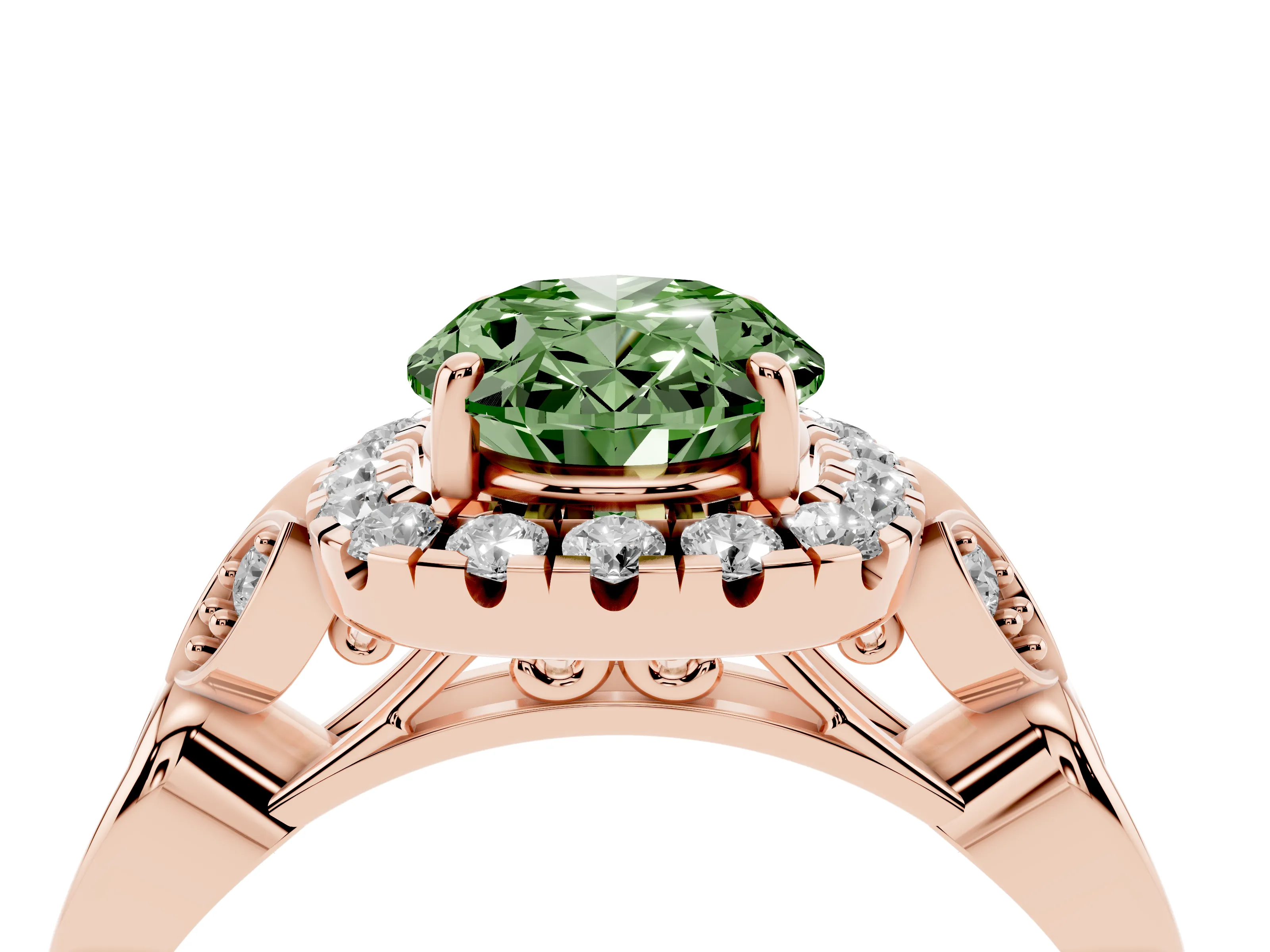 Fancy Green Oval Cut Diamond Halo Engagement Ring Set in Rose gold with Vintage-Inspired Band and Prong Setting