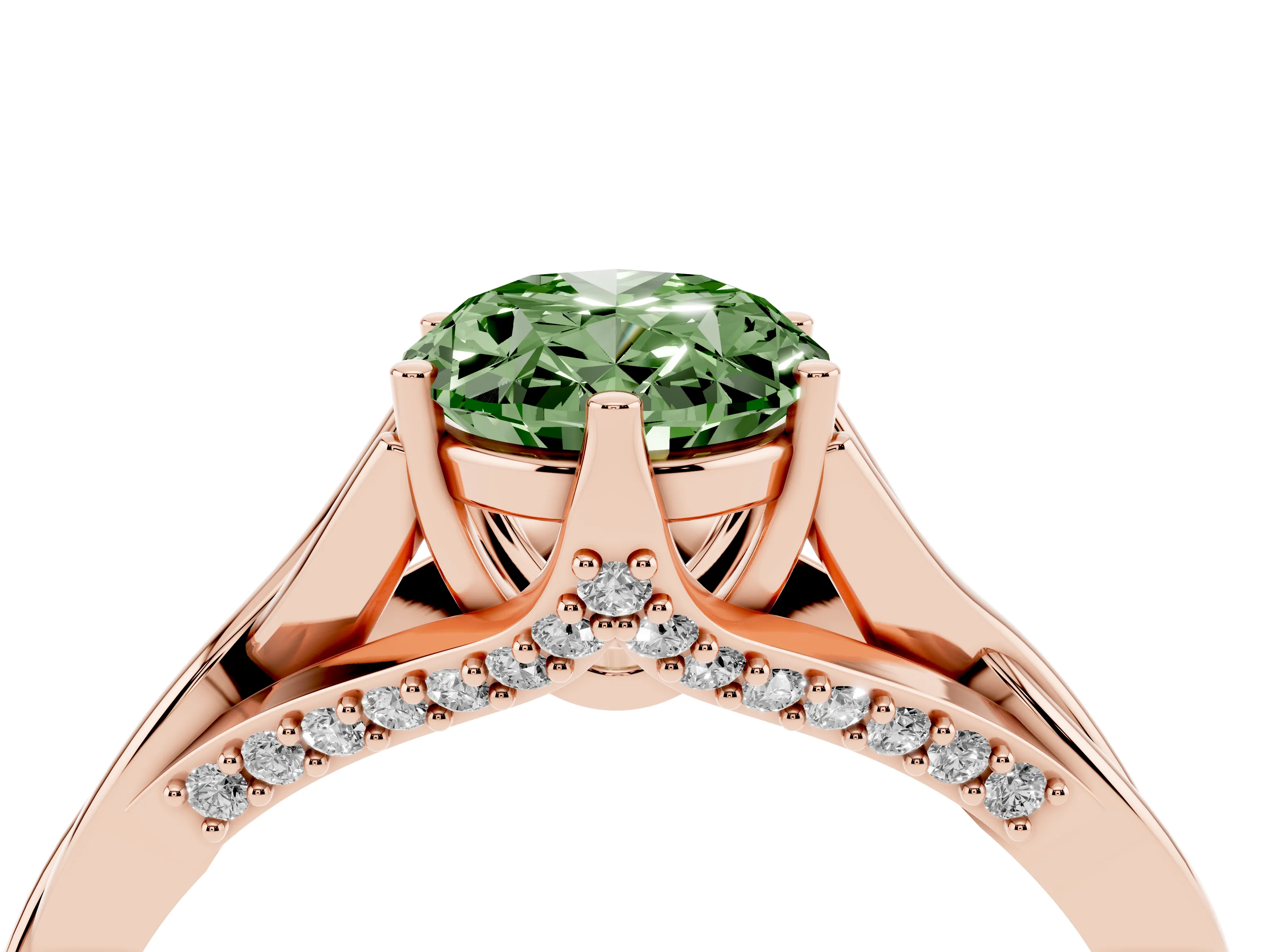 Fancy Green Oval Cut Diamond Intertwined Twist Band Solitaire Ring Set in Rose gold with Prong Setting