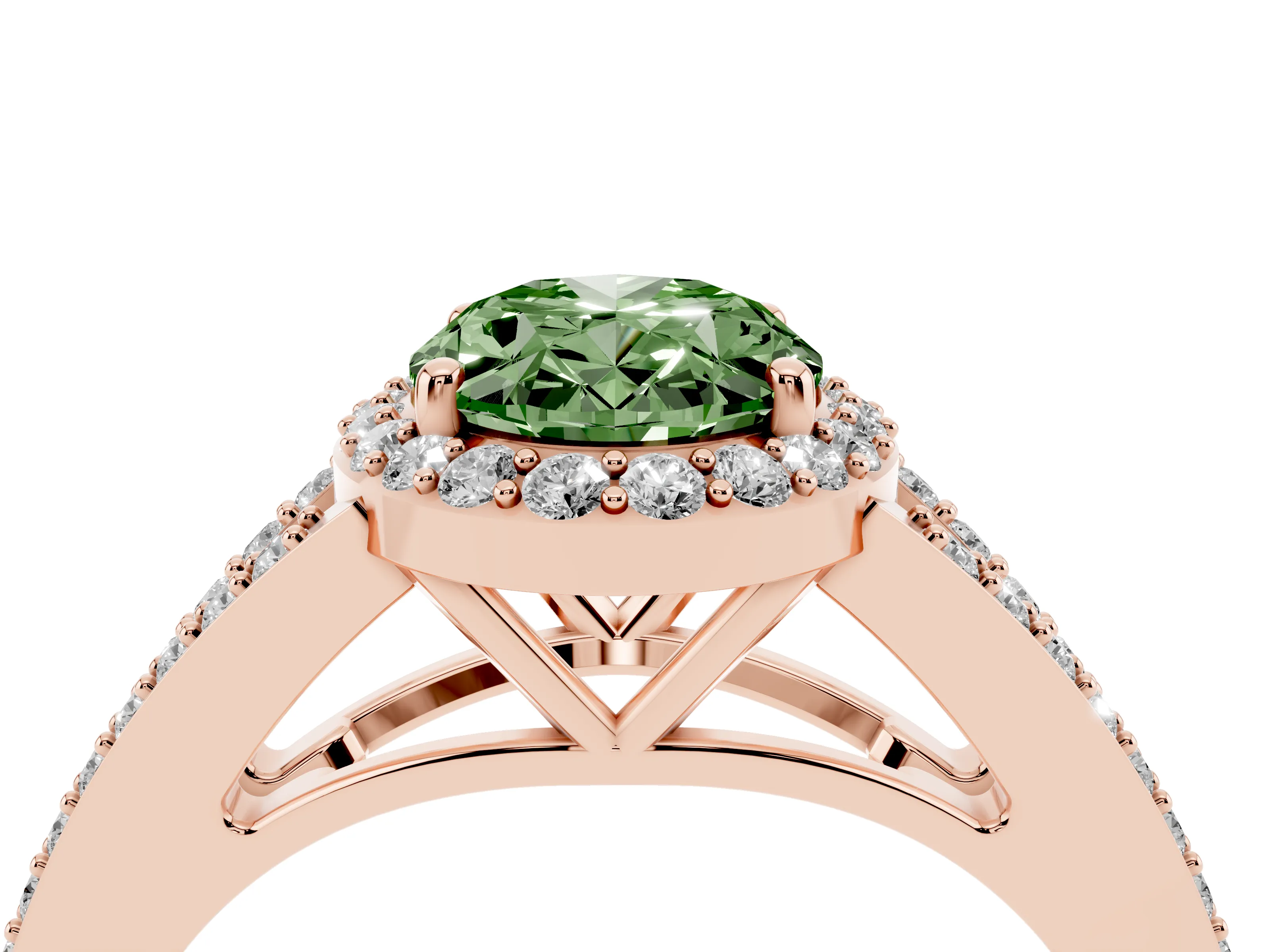 Fancy Green Oval Cut Diamond Halo Split Shank Ring Set in Rose gold with Accent Stones and Prong Setting