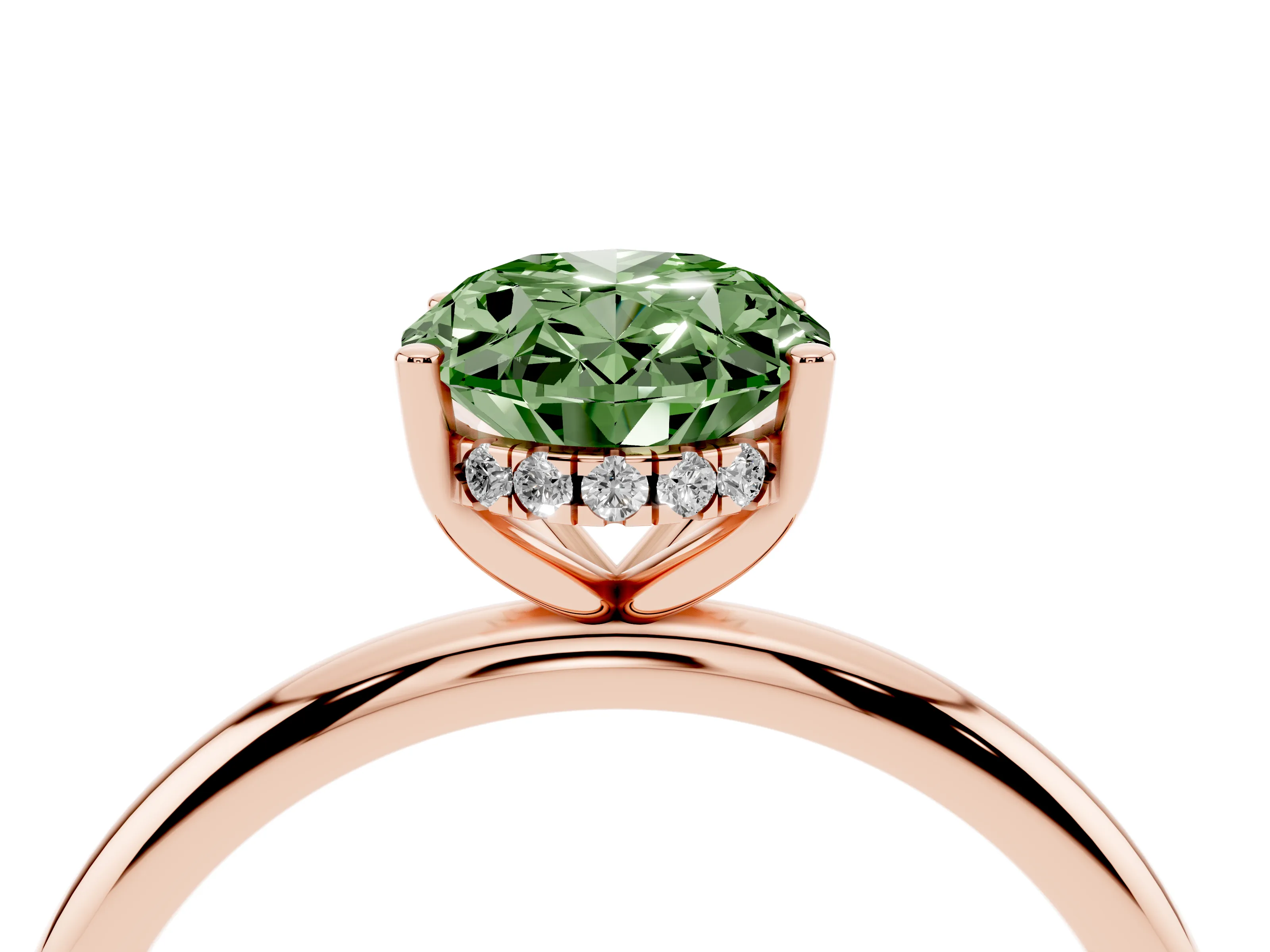 Fancy Green Oval Cut Diamond Solitaire Engagement Ring Set in Rose gold with Prong Setting and Polished Band