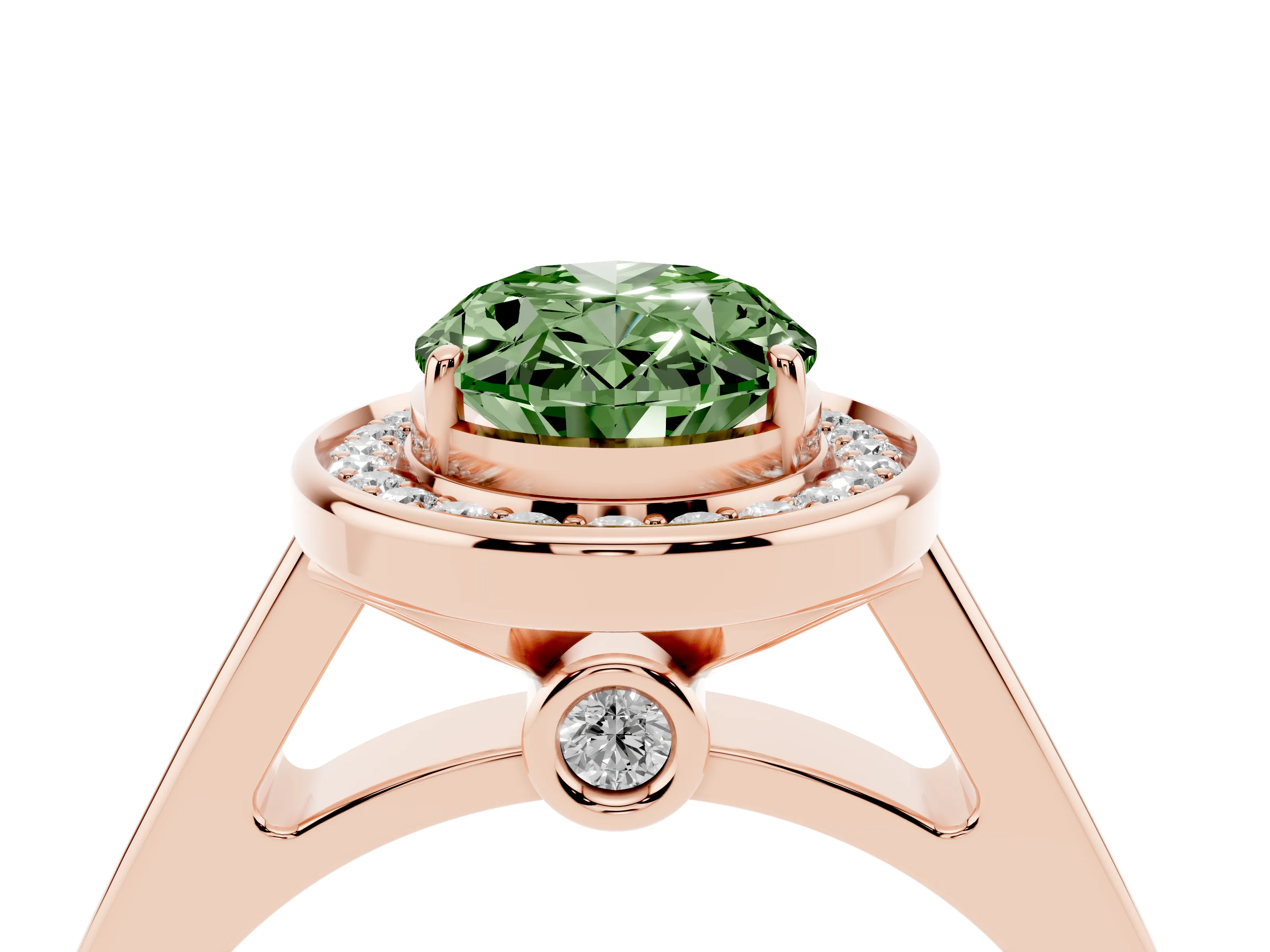 Fancy Green Oval Cut Diamond Halo Solitaire Ring Set in Rose gold with Pavé Band and Bezel Setting