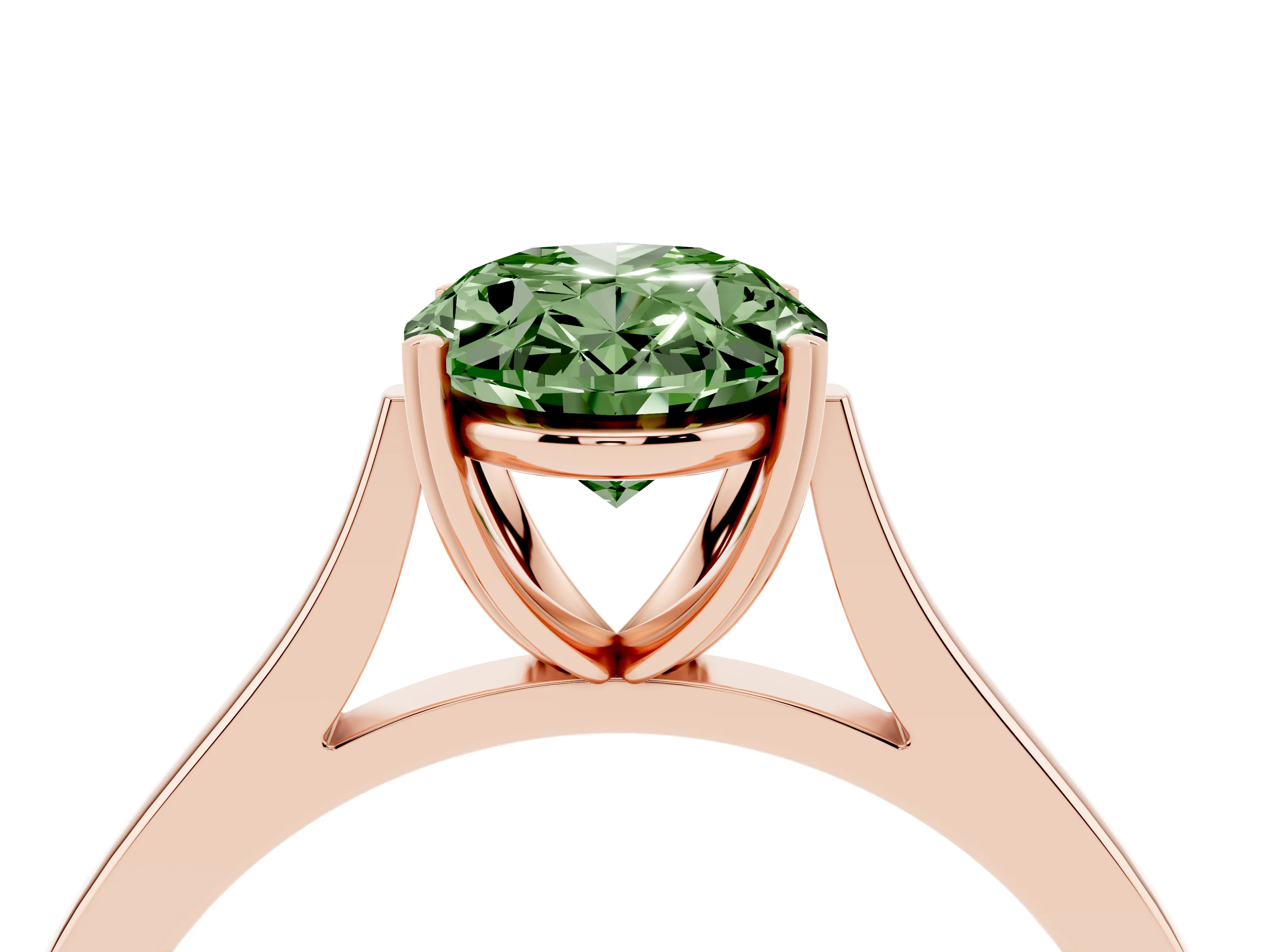 Fancy Green Oval Cut Diamond Solitaire Heart Prong Engagement Ring Set in Rose gold with Tapered Band