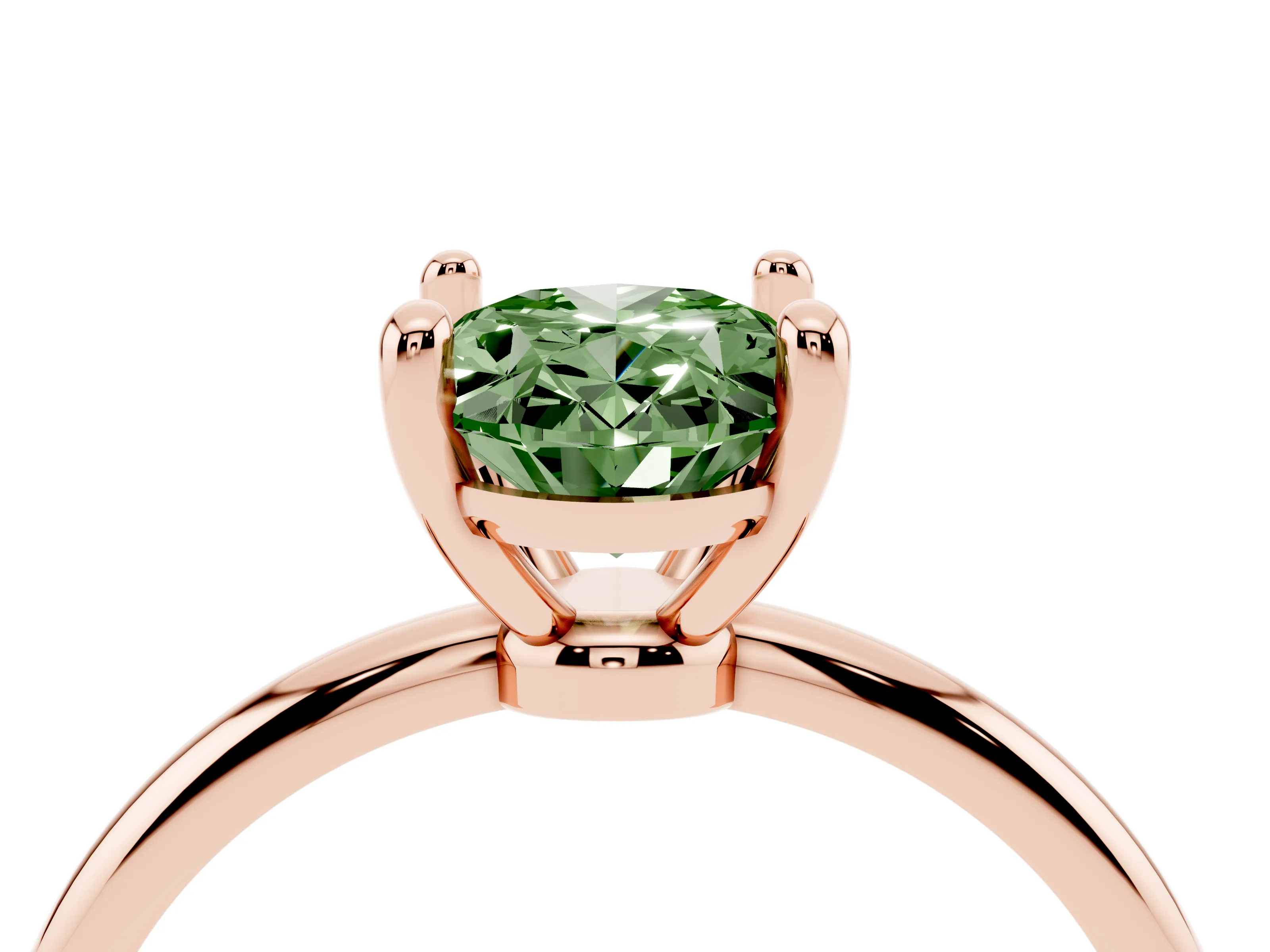 Fancy Green Oval Cut Diamond Solitaire Ring Set in Rose gold with Secure Prong Setting on a Classic Band