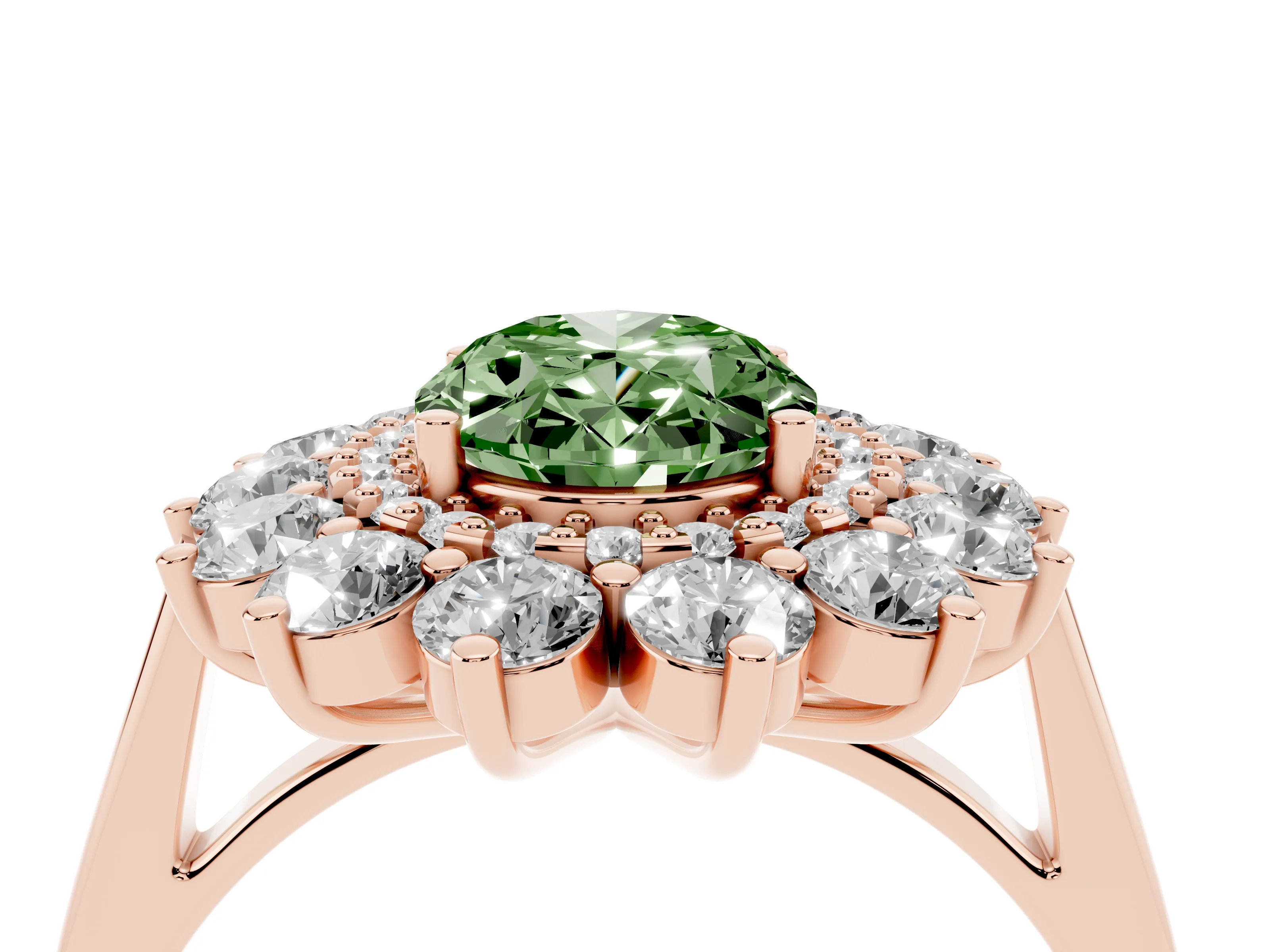 Fancy Green Oval Cut Diamond Floral Double Halo Ring Set in Rose gold with Round Petals