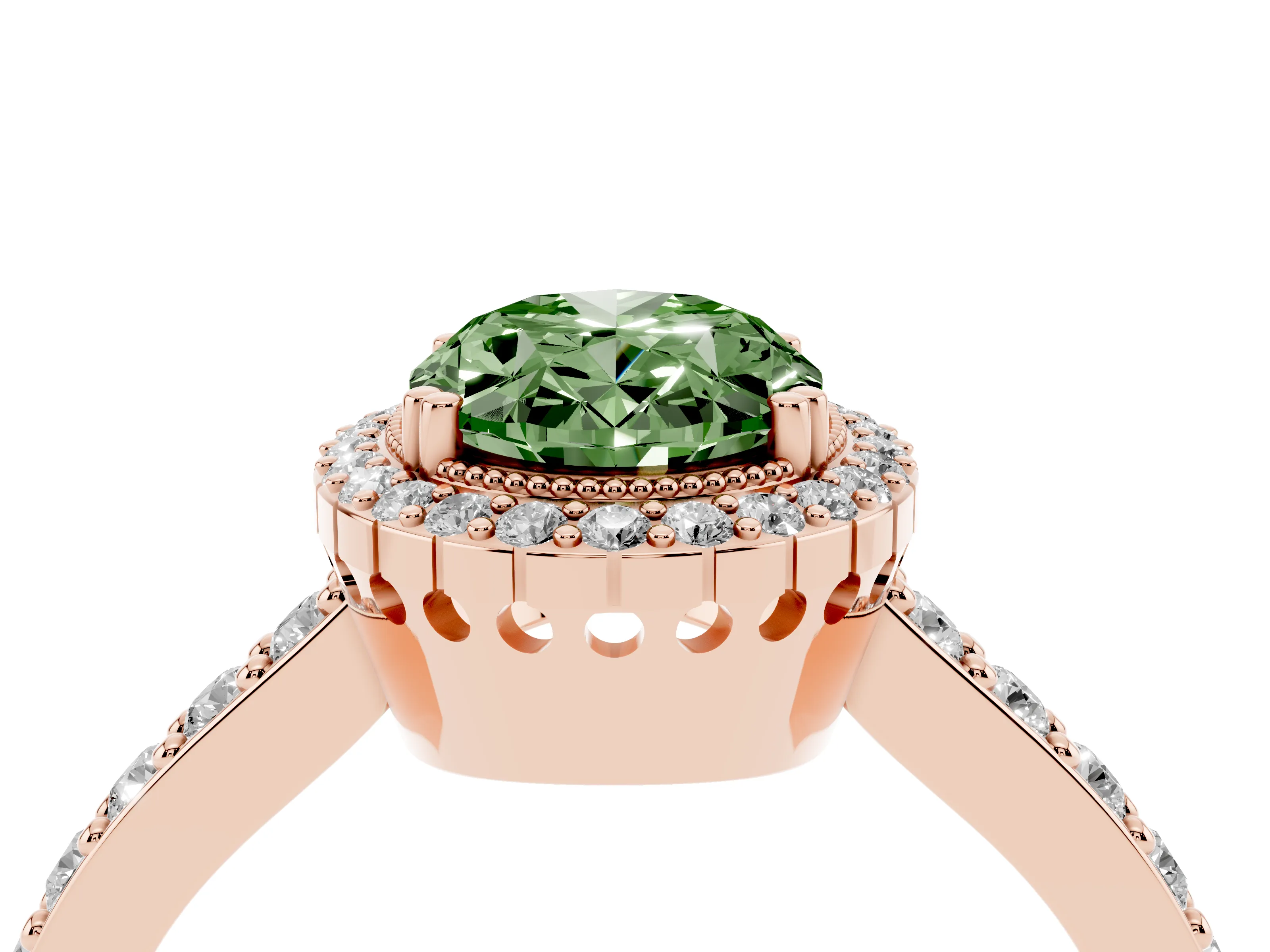 Fancy Green Oval Cut Diamond Halo Engagement Ring Set in Rose gold with Milgrain Detail and Pavé Band