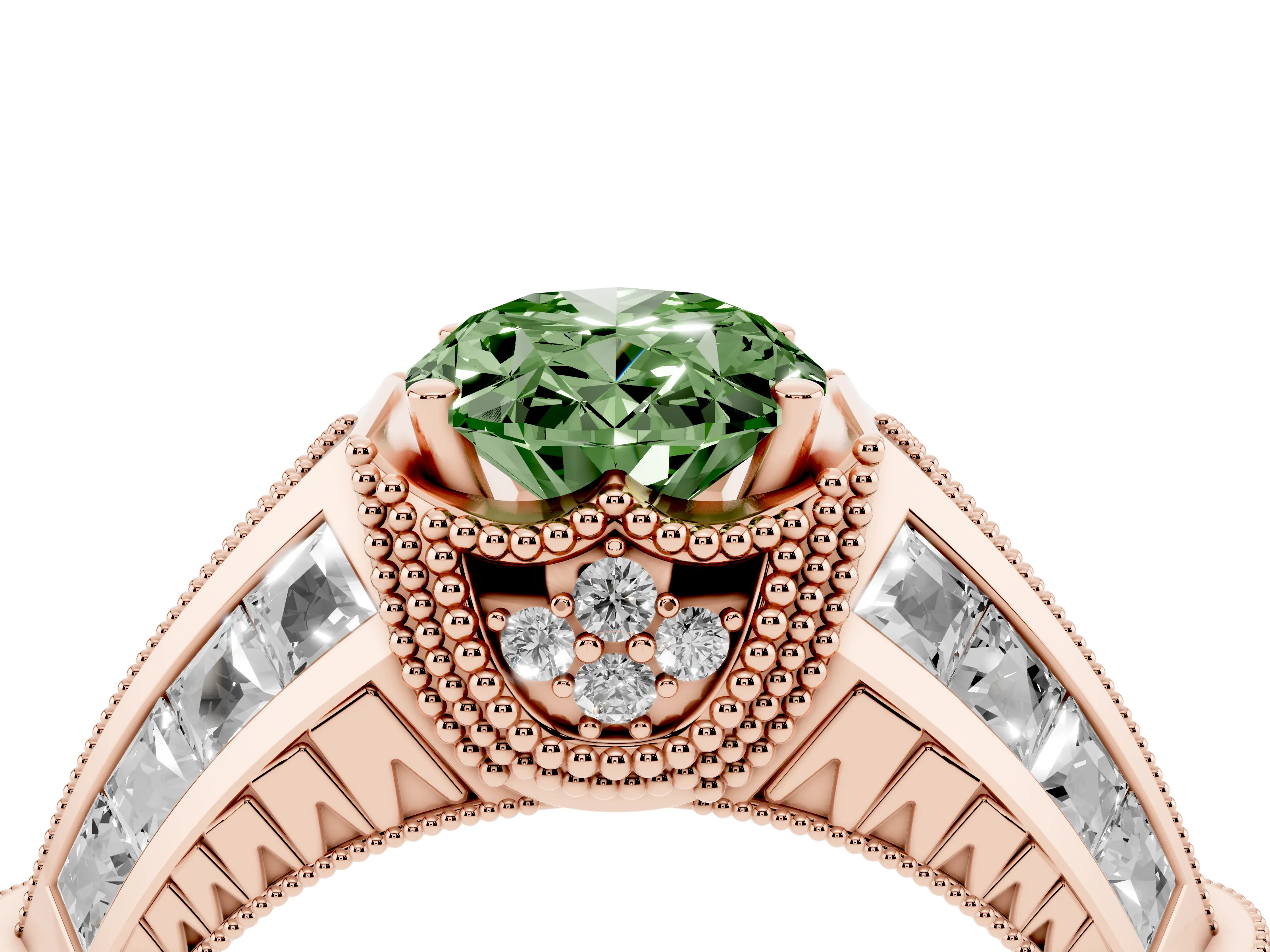 Fancy Green Oval Cut Diamond Vintage-Inspired Milgrain Ring Set in Rose gold with Accent Split Shank
