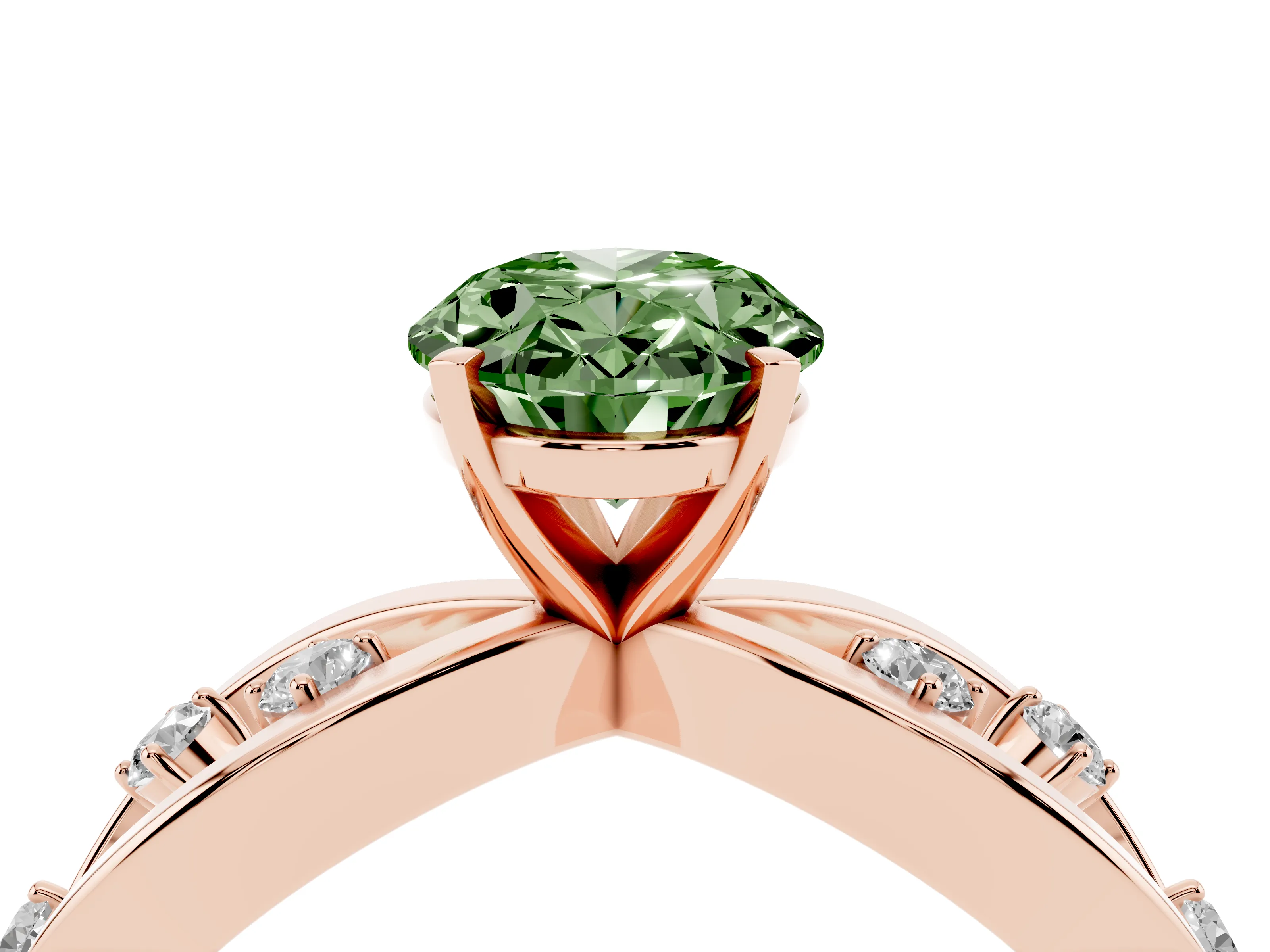 Fancy Green Oval Cut Diamond Solitaire Ring Set in Rose gold with Side Stones on Criss-Cross Band and Prong Setting